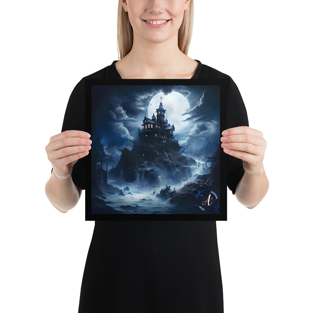 Misty Mansion Halloween poster in dark aesthetic, printed on museum quality matte paper, available in multiple sizes.