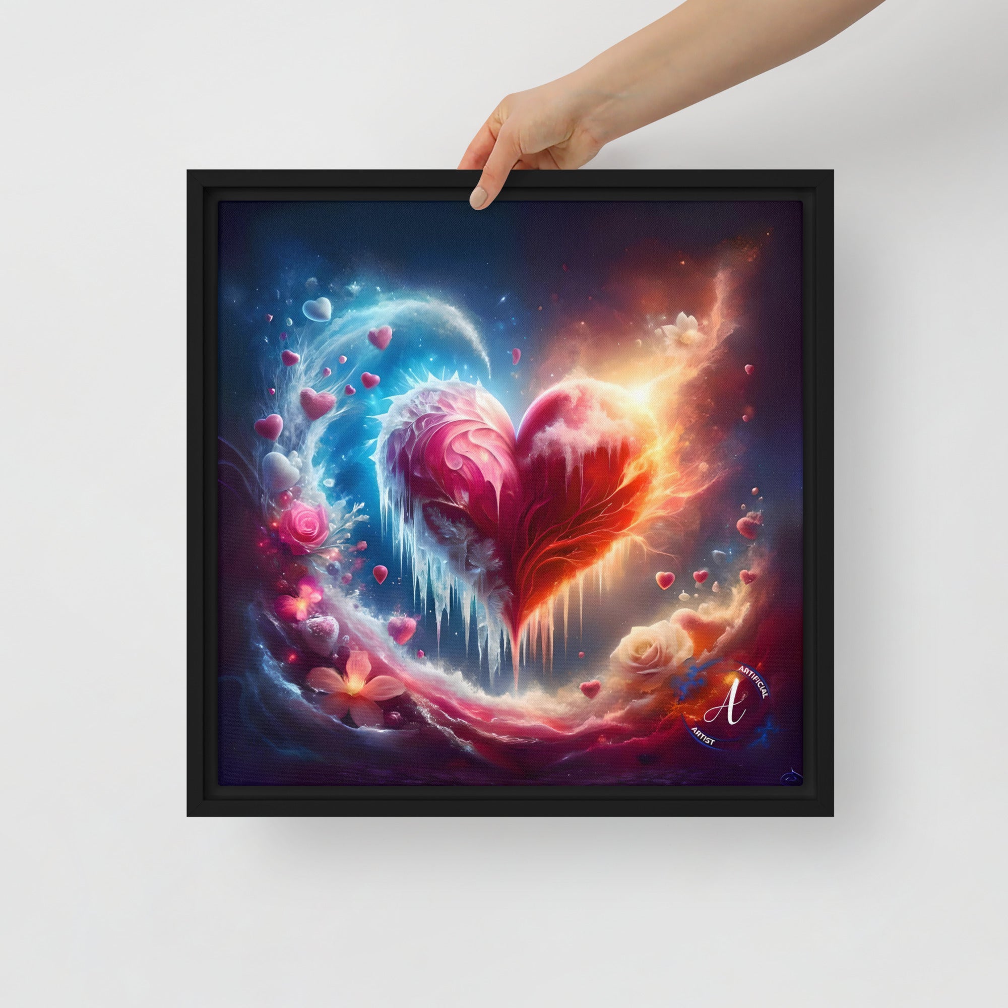 Framed canvas wall art featuring a heart design, vibrant colors, by Artificial Artist, ready to hang.