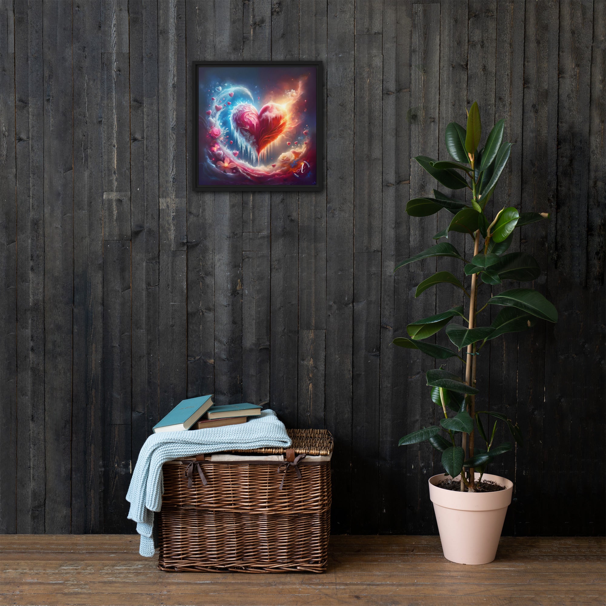 Heart's Revival framed canvas wall art by Artificial Artist in vibrant colors, ready to hang for bedroom decor.