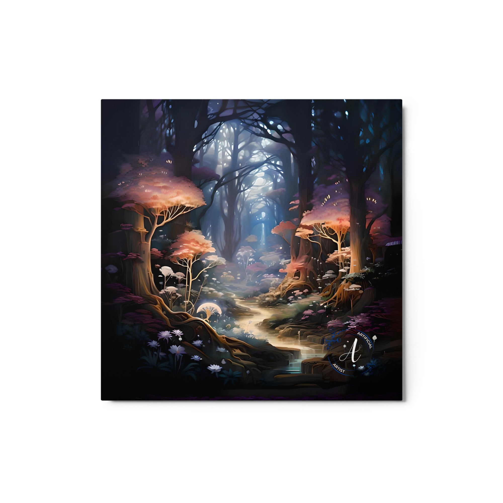 Colorful mystical forest metal print with vibrant trees and a serene stream, framed in MDF by Artificial Artist.
