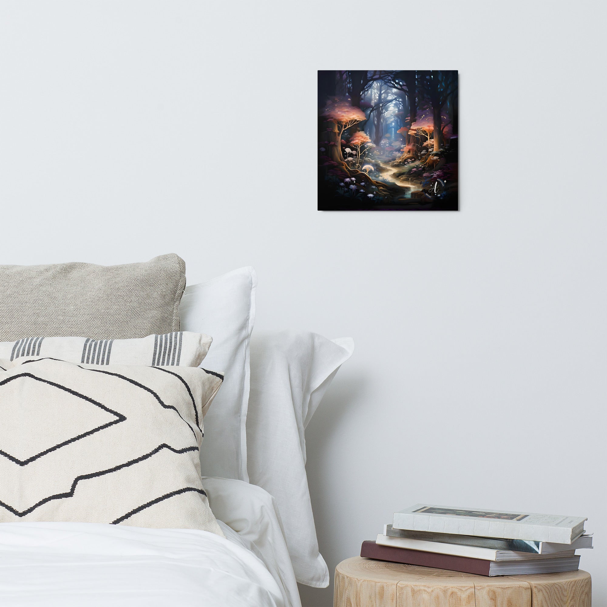 Mystical forest aluminum wall art with MDF frame, featuring vibrant colors and a whimsical design, by Artificial Artist.