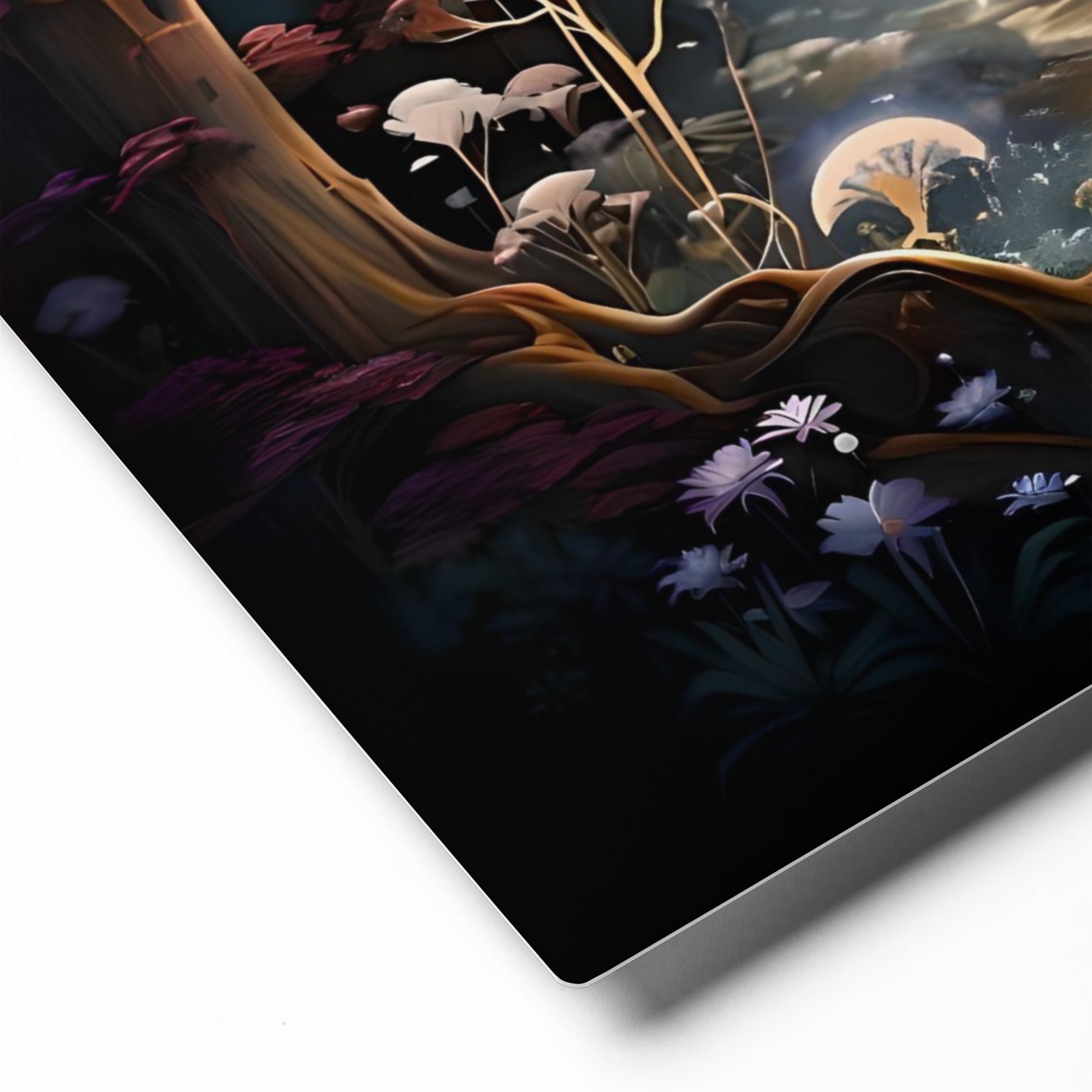 Aluminum wall art featuring a mystical forest scene with colorful flowers, by Artificial Artist.