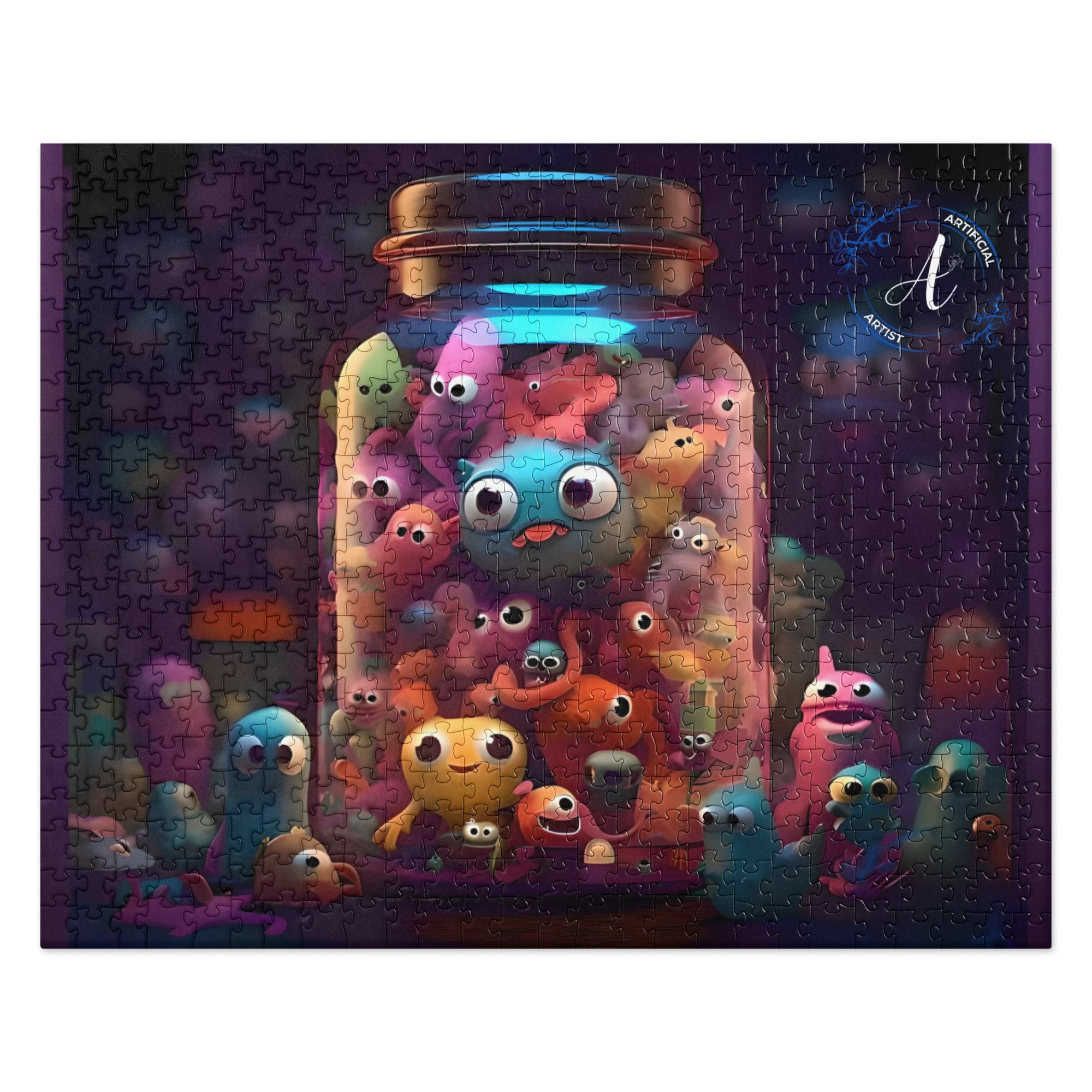 High-definition art puzzle by Artificial Artist featuring a colorful jar of friends design, available in 252 or 520 pieces