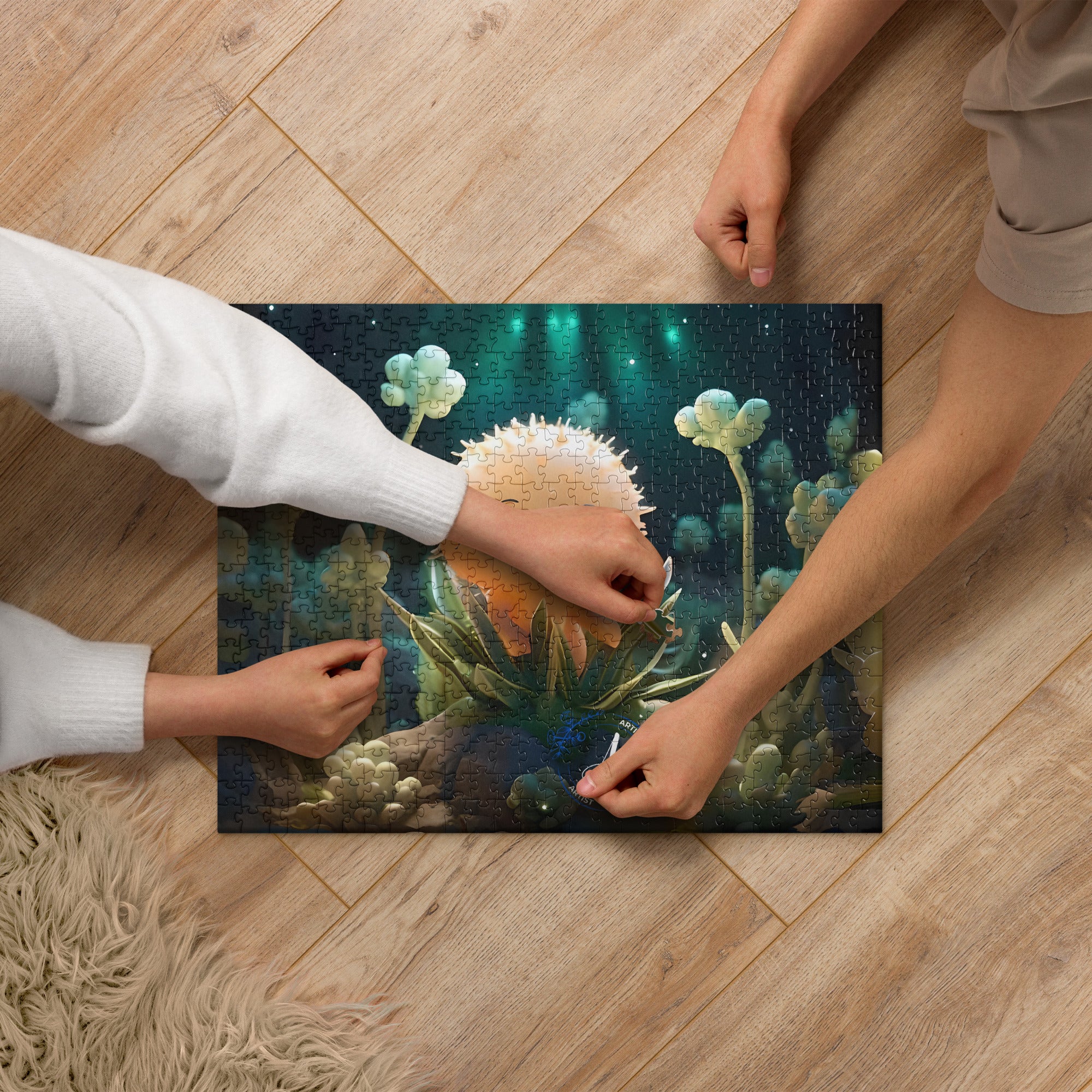 Starry Cactus jigsaw puzzle by Artificial Artist in 252 or 520 pieces, featuring vibrant cactus and night sky artwork.