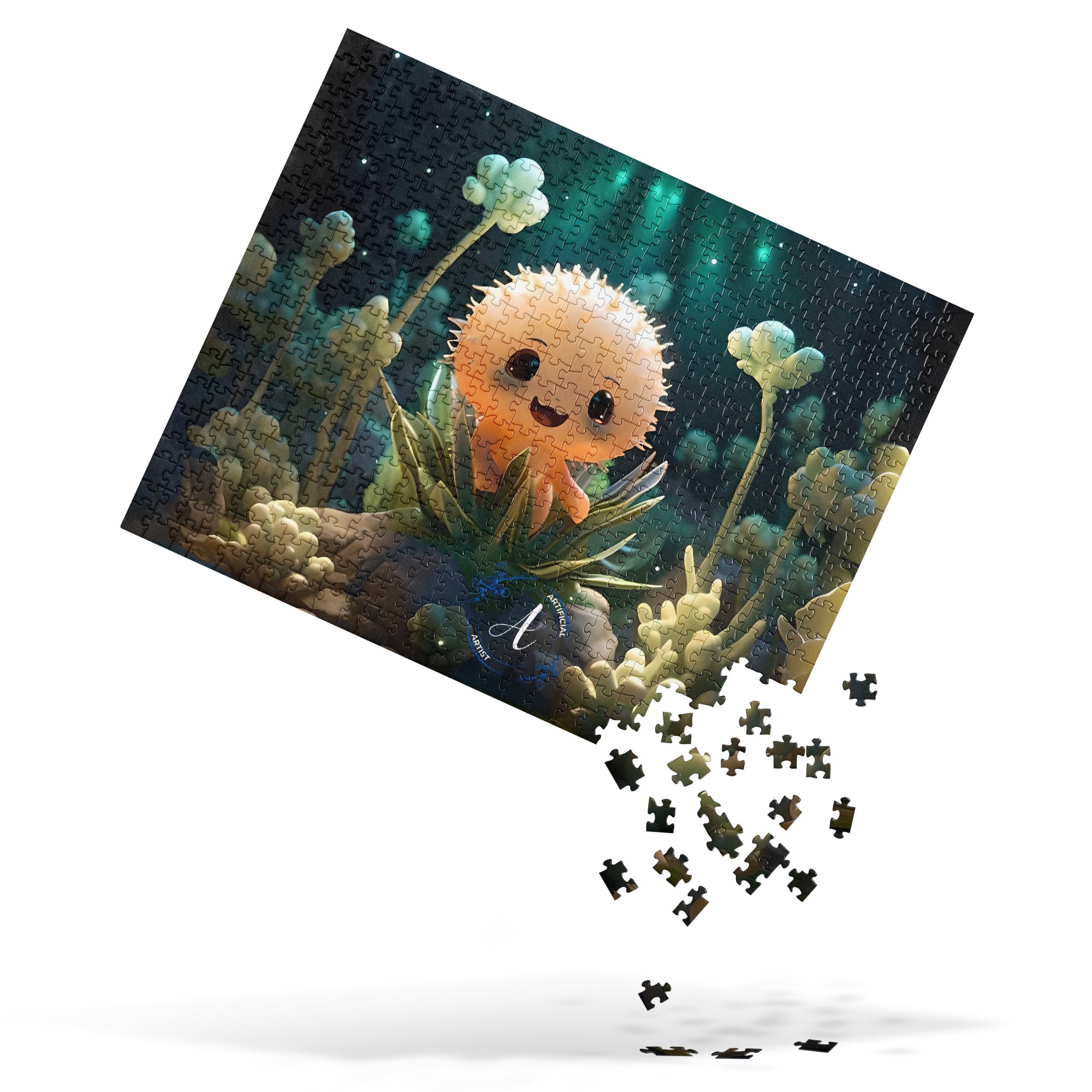 Starry cactus jigsaw puzzle featuring vibrant HD art, available in 252 and 520 pieces by Artificial Artist.