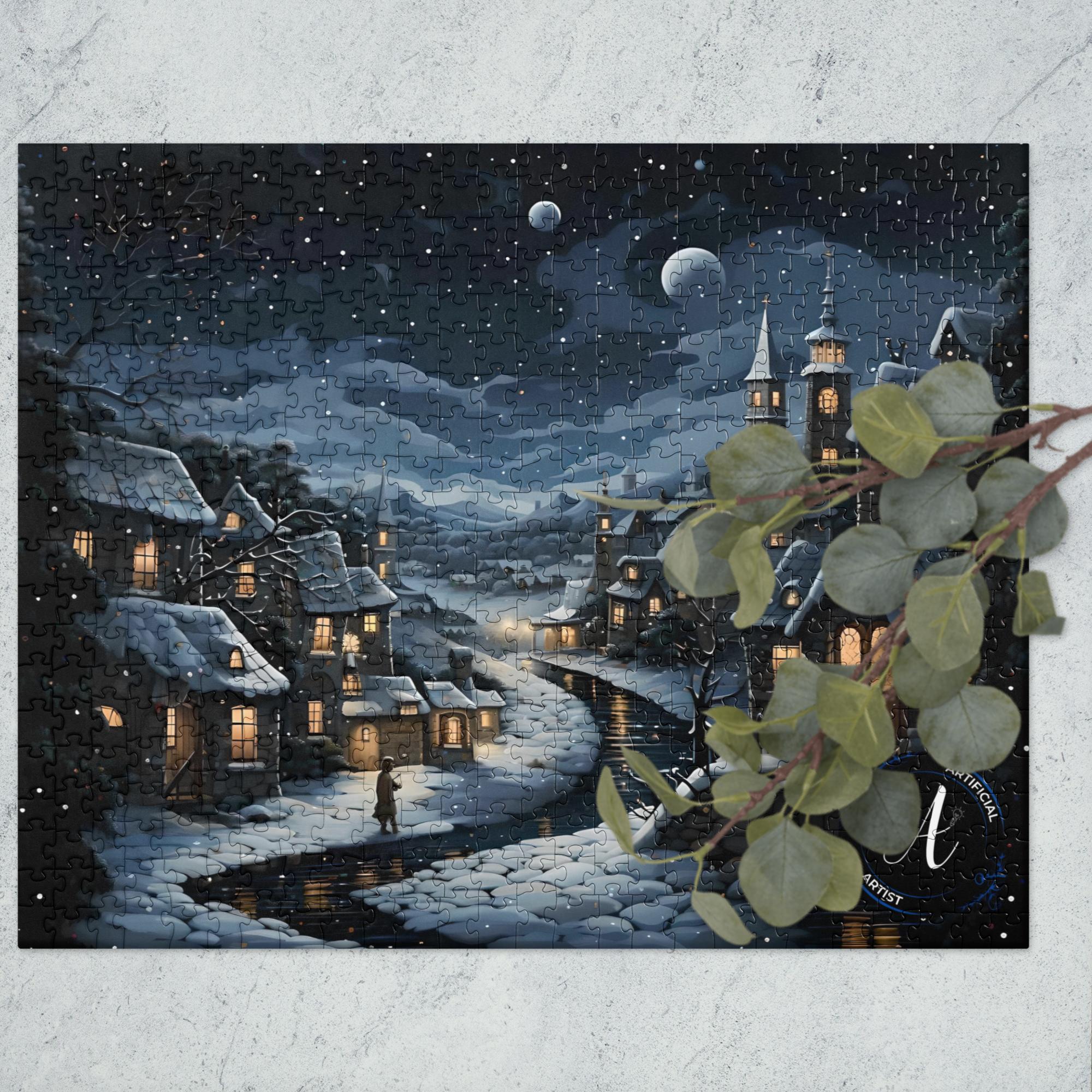 Premium 252-piece moonlit town jigsaw puzzle by Artificial Artist, featuring colorful digital artwork on chipboard