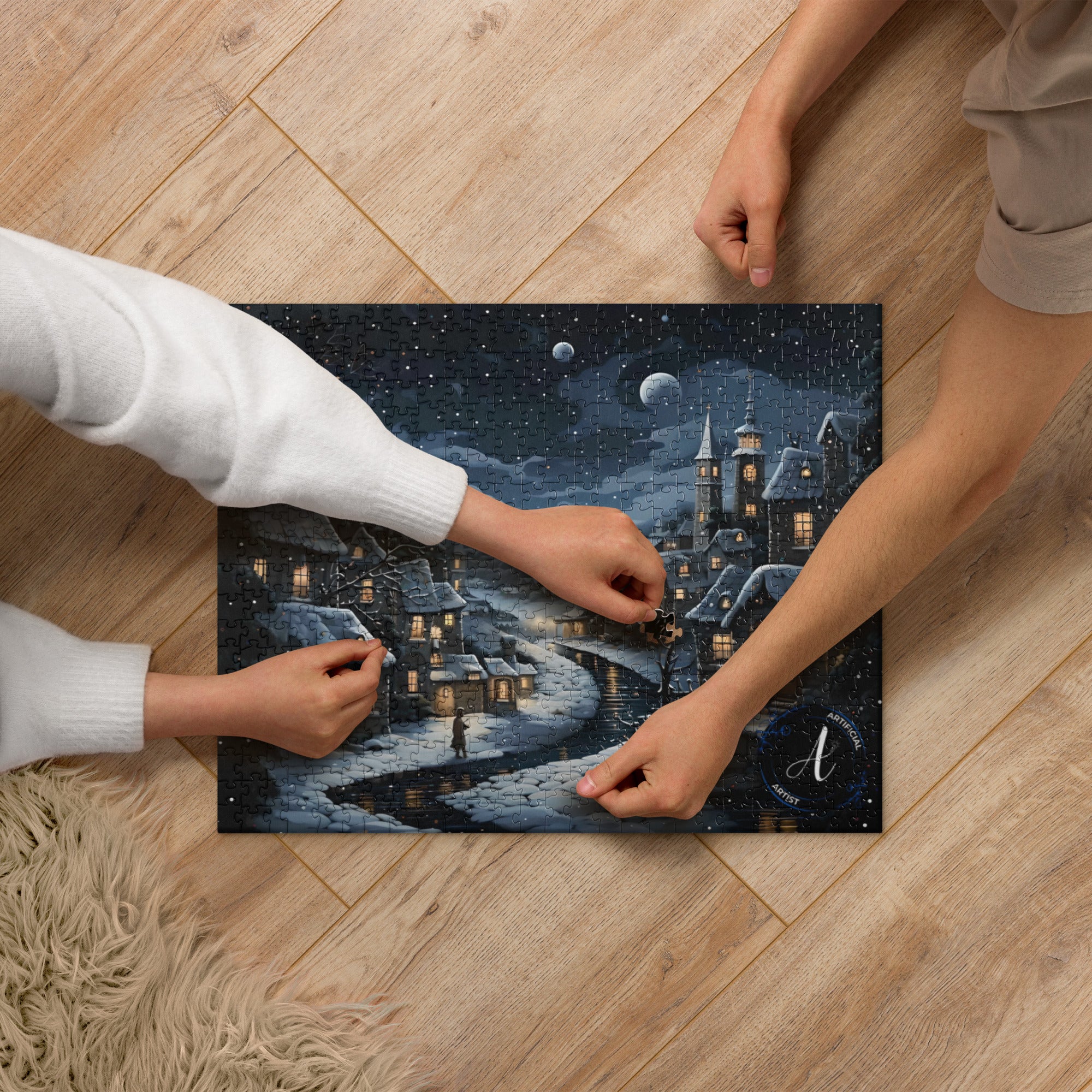 Premium Moonlit Town 252-piece jigsaw puzzle by Artificial Artist, featuring a serene night scene with vibrant colors.
