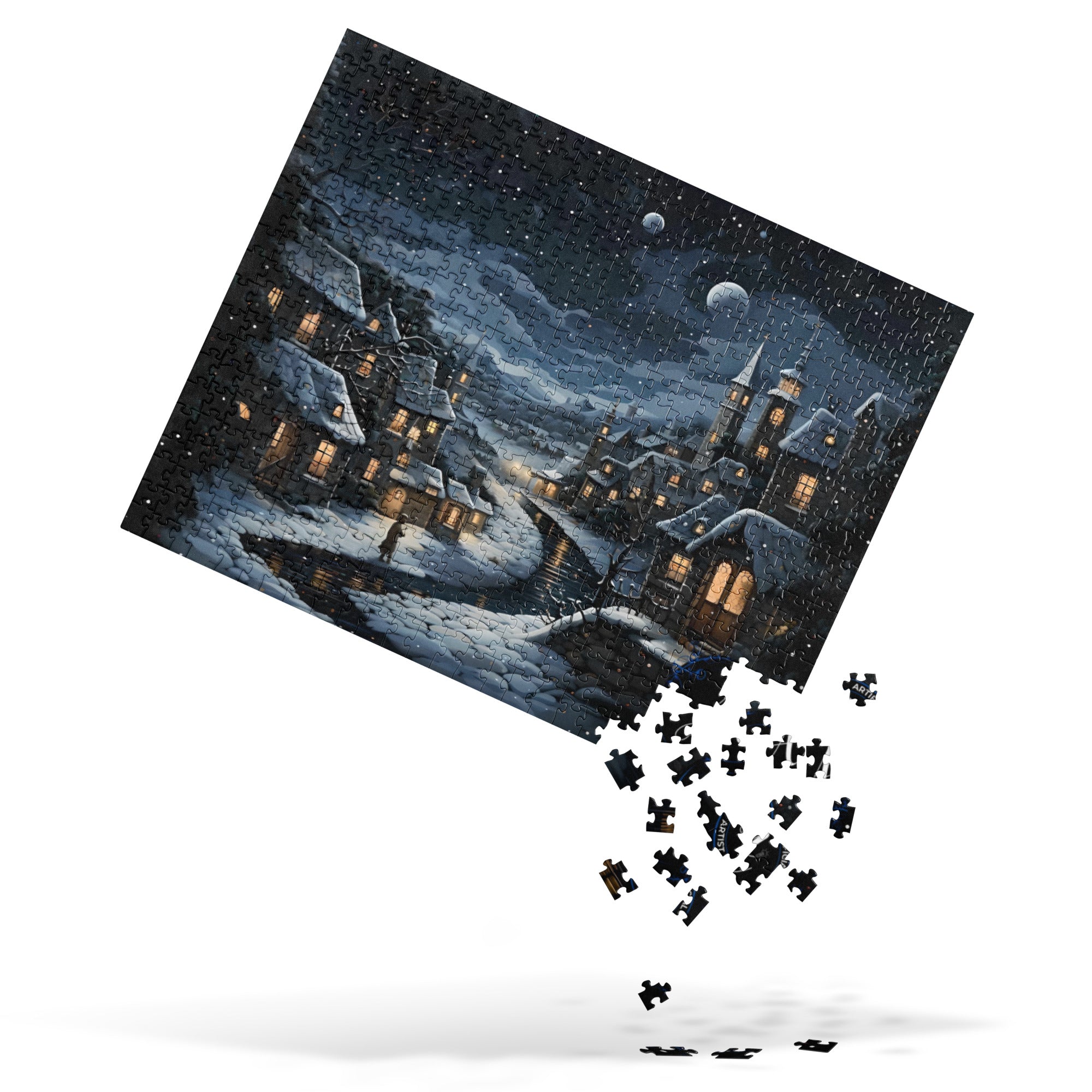 Premium 252-piece Moonlit Town jigsaw puzzle by Artificial Artist, featuring a beautifully detailed night scene.