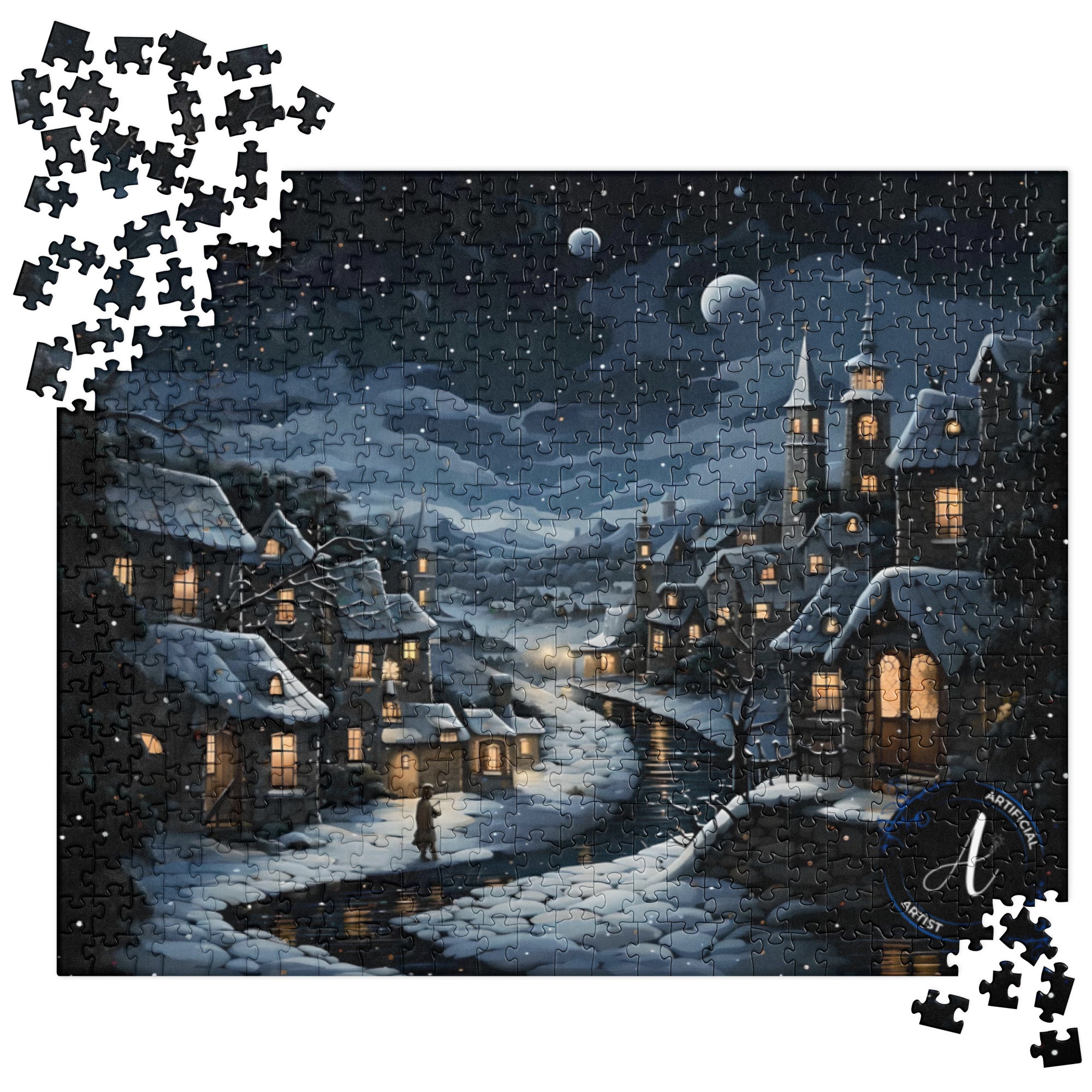 Premium 252-piece jigsaw puzzle featuring a moonlit town scene by Artificial Artist, printed on chipboard.