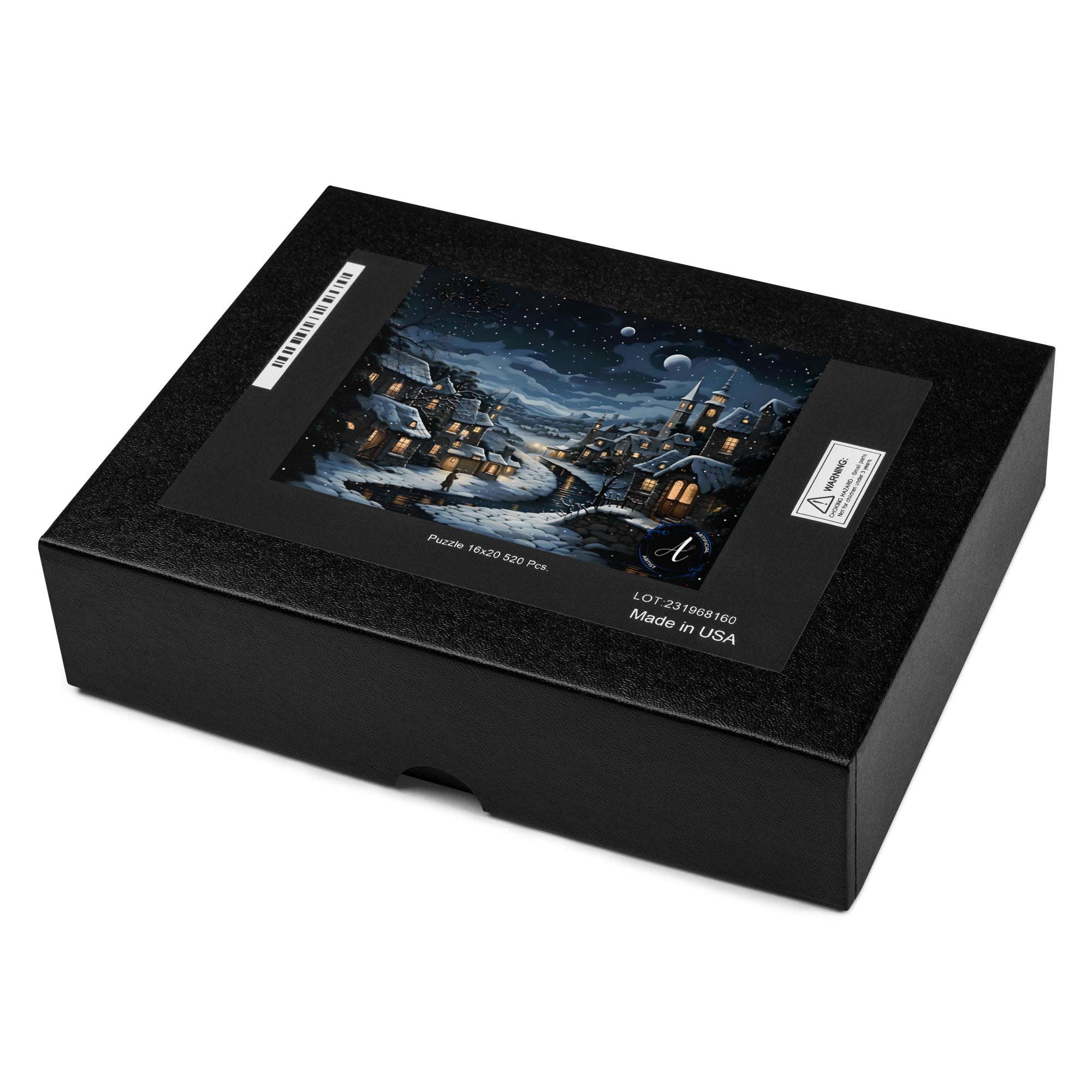 Premium 252-piece Moonlit Town jigsaw puzzle by Artificial Artist, featuring a colorful night scene, printed on chipboard.