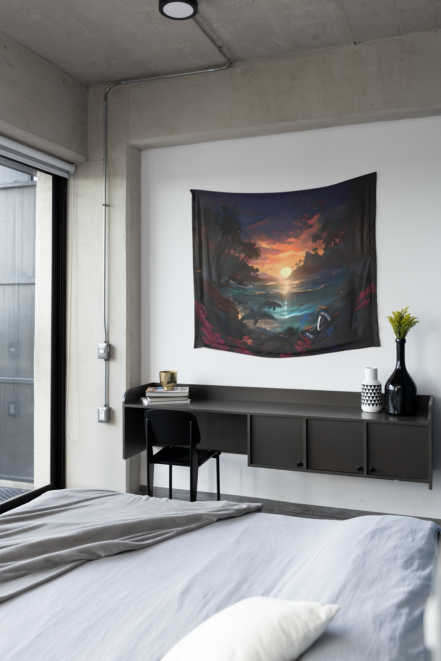 Premium 100% polyester wall tapestry featuring sunset dolphins, beach-themed design by Artificial Artist, sizes available.