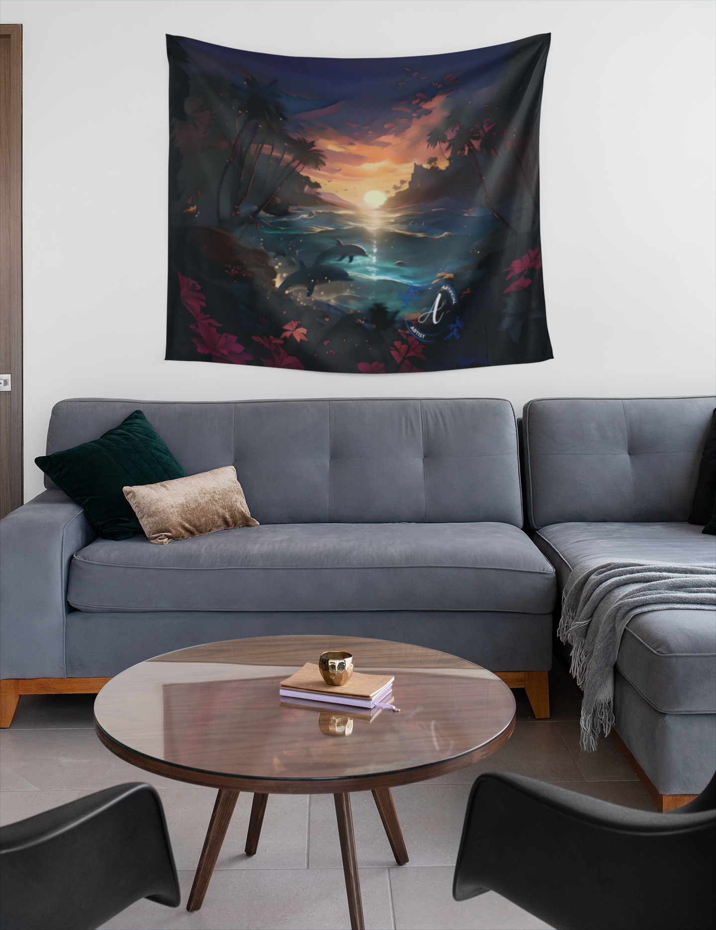 Premium sunset dolphins wall tapestry in vibrant colors, 100% polyester fabric by Artificial Artist, perfect for beach-theme