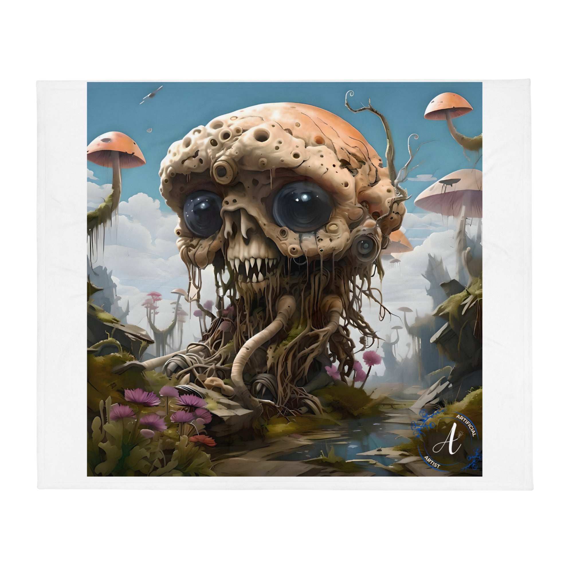 Alien-themed soft polyester throw blanket by Artificial Artist with vibrant digital print, available in horizontal and verti