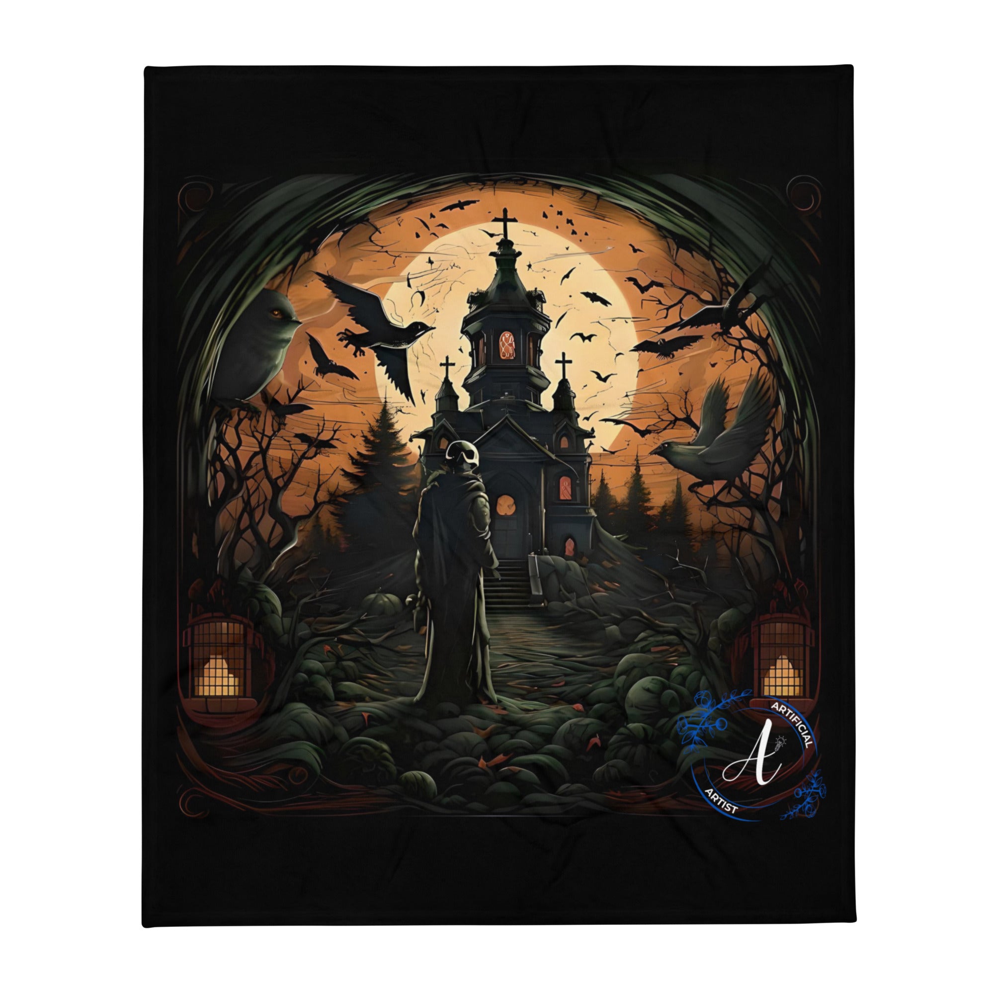 Reaper Roost haunted house throw blanket, black polyester, 50"x60", featuring gothic artwork by Artificial Artist.