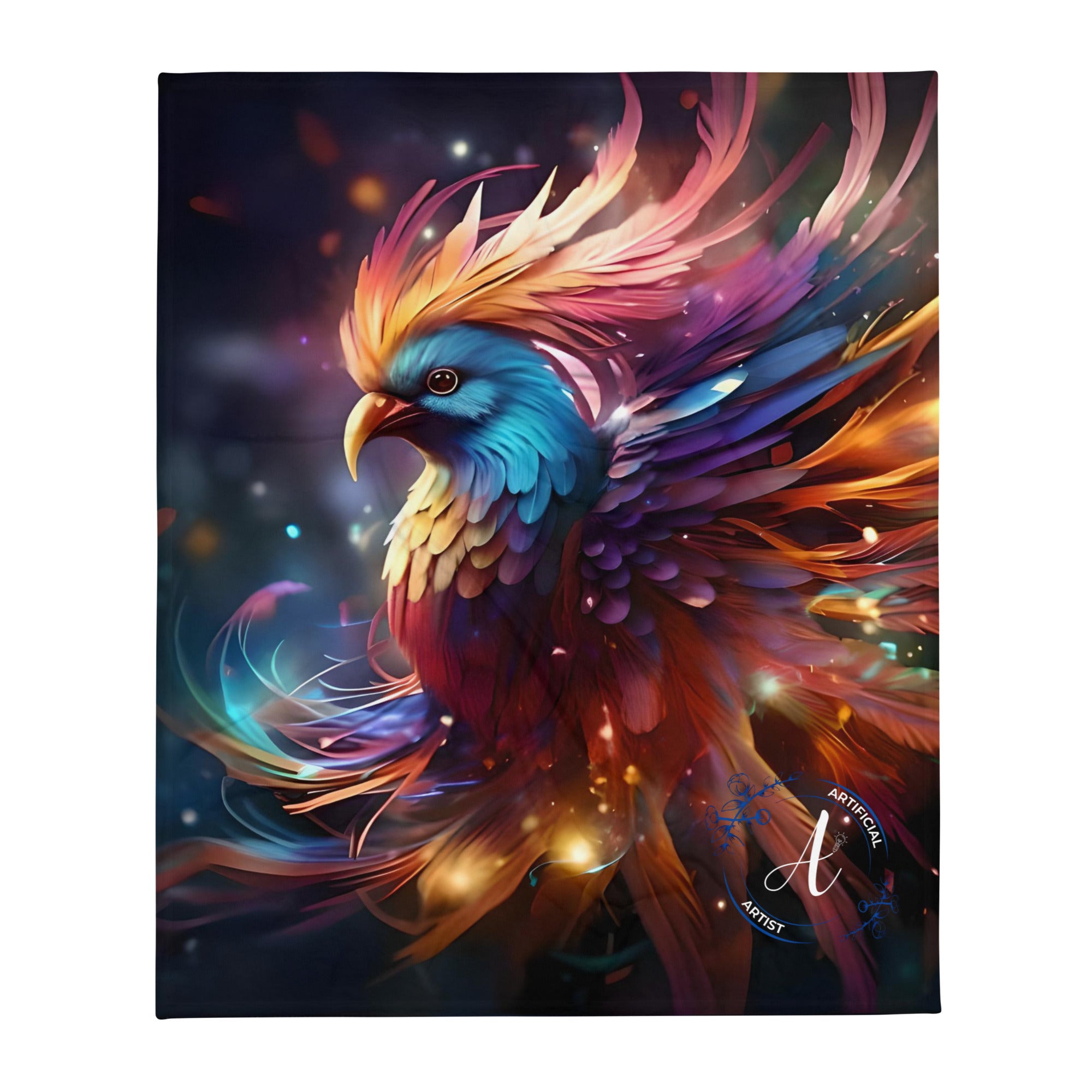 Soft polyester silk touch Phoenix throw blanket in vibrant colors, machine washable, by Artificial Artist.