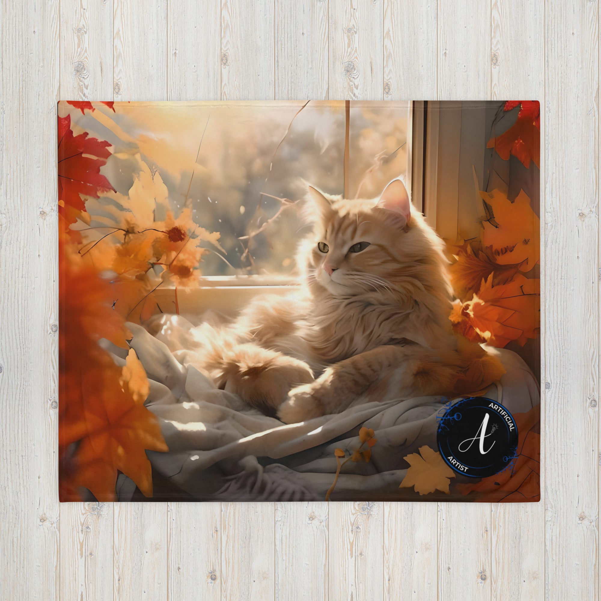 Autumn orange polyester cat-print throw blanket by Artificial Artist, available in 50x60 and 60x80 sizes
