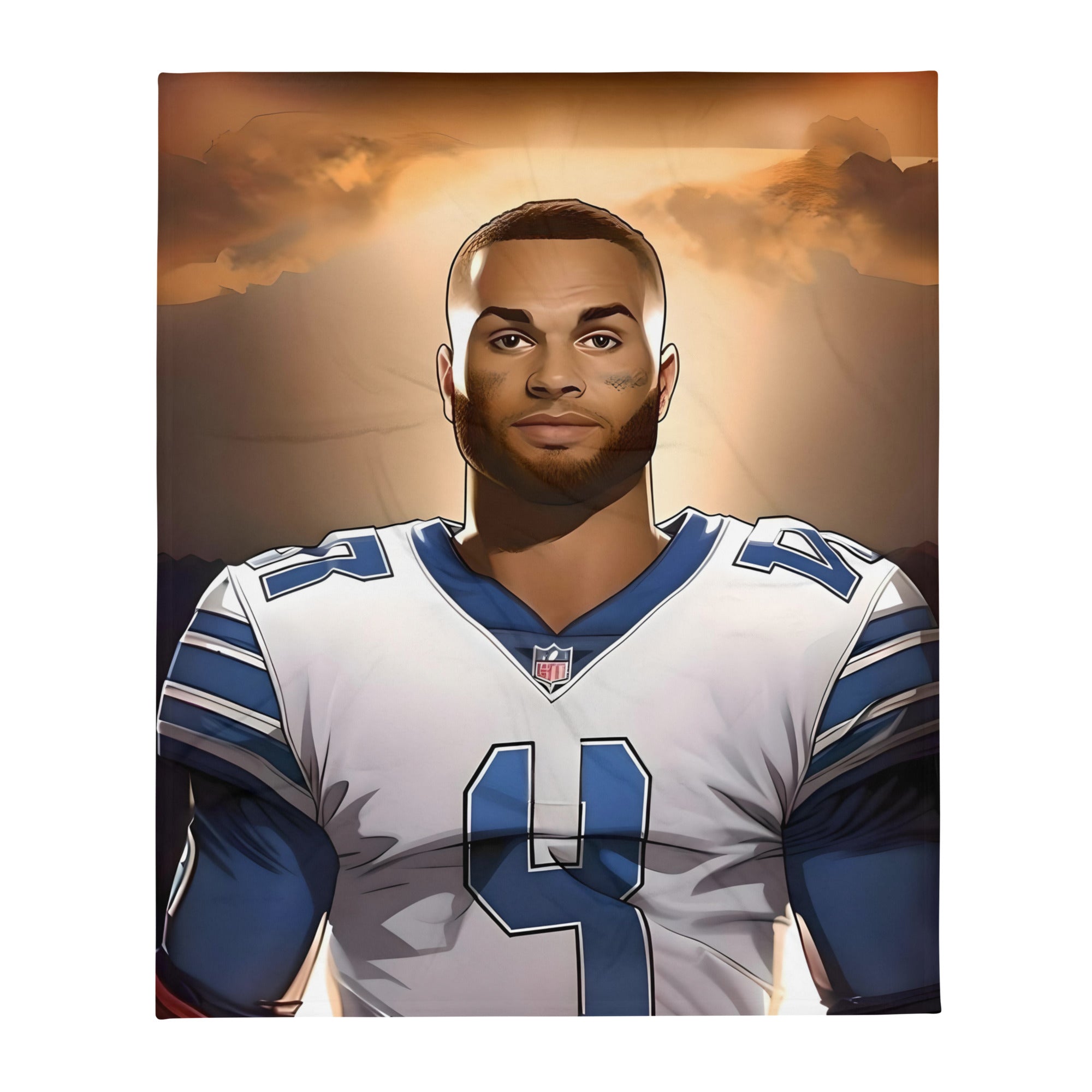 Dallas Cowboys Dak Prescott throw blanket in blue and white polyester, sizes 50″×60″ and 60″×80″, by Artificial Artist.