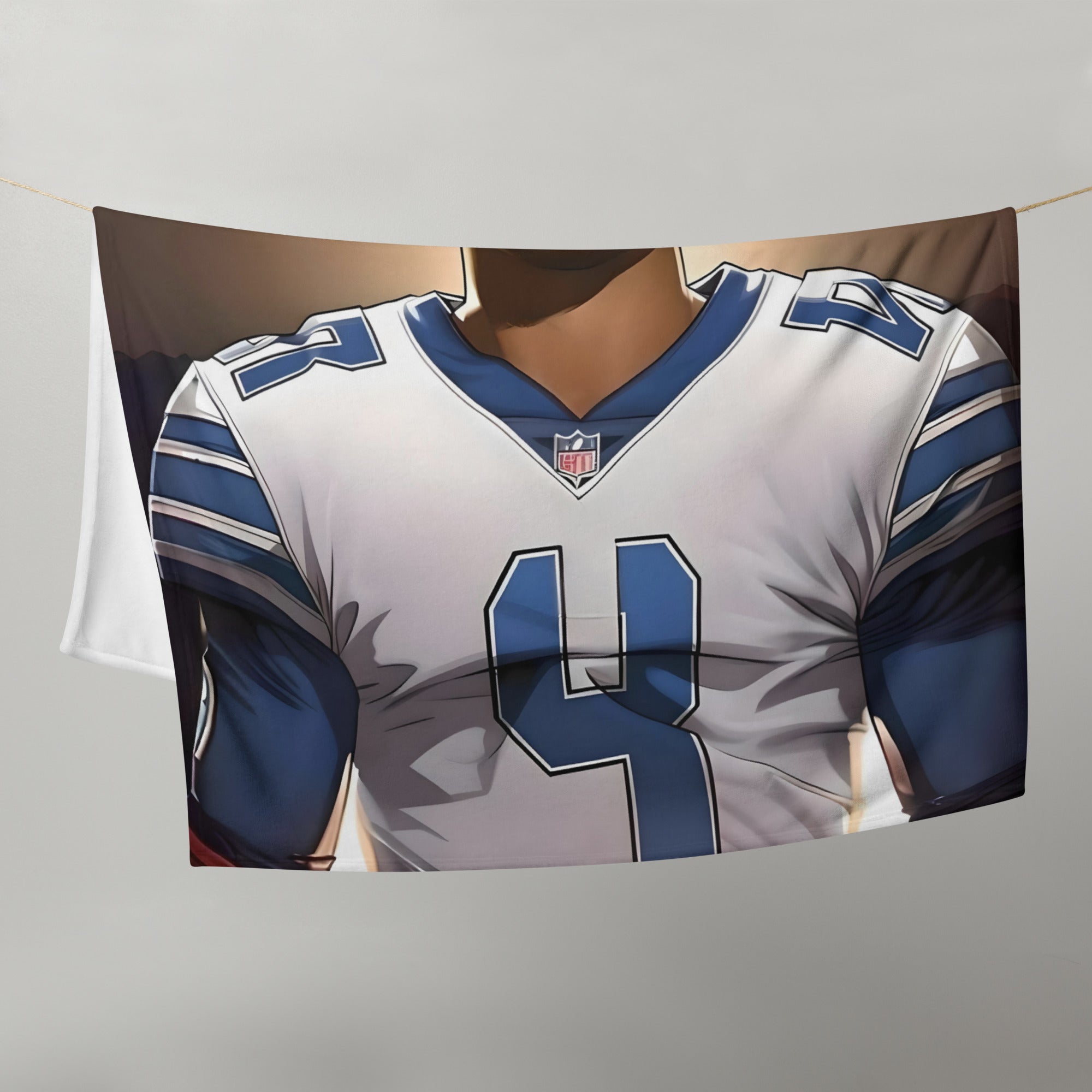 Dallas Cowboys Dak Prescott throw blanket in blue and white, polyester, 50″×60″ or 60″×80″ sizes available.