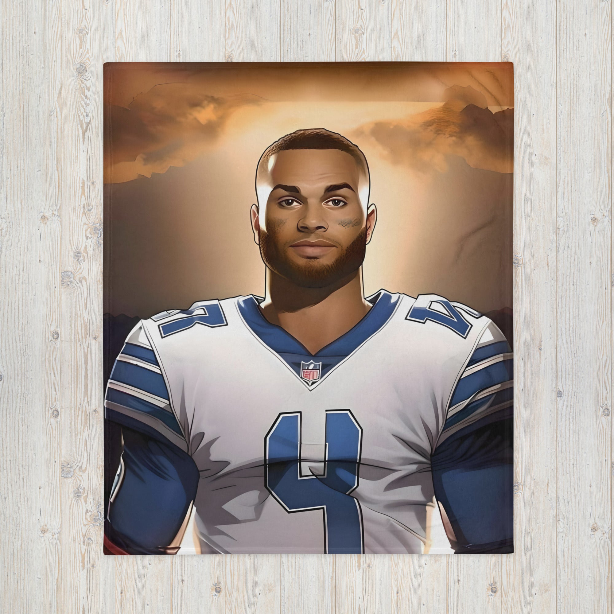 Dallas Cowboys throw blanket featuring Dak Prescott, made of soft polyester, available in 50″×60″ and 60″×80″ sizes.