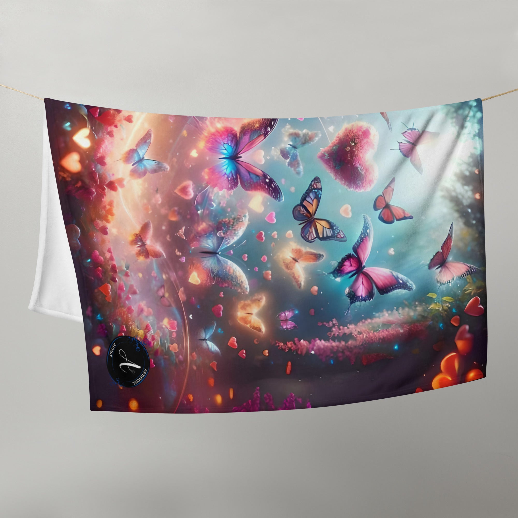 Vibrant butterfly-print silk touch throw blanket by Artificial Artist in bright colors, available in two sizes.