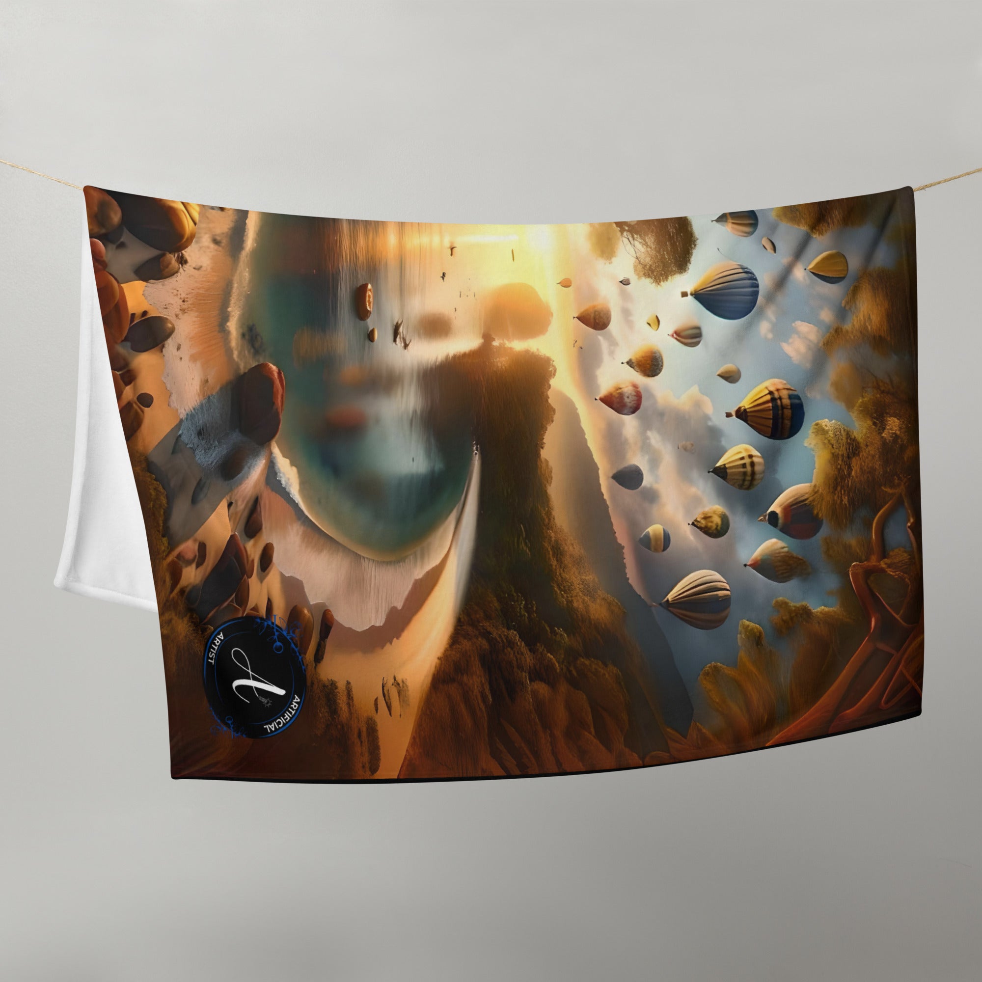 Colorful silk touch throw blanket featuring a hot air balloon beach design by Artificial Artist, available in two sizes.