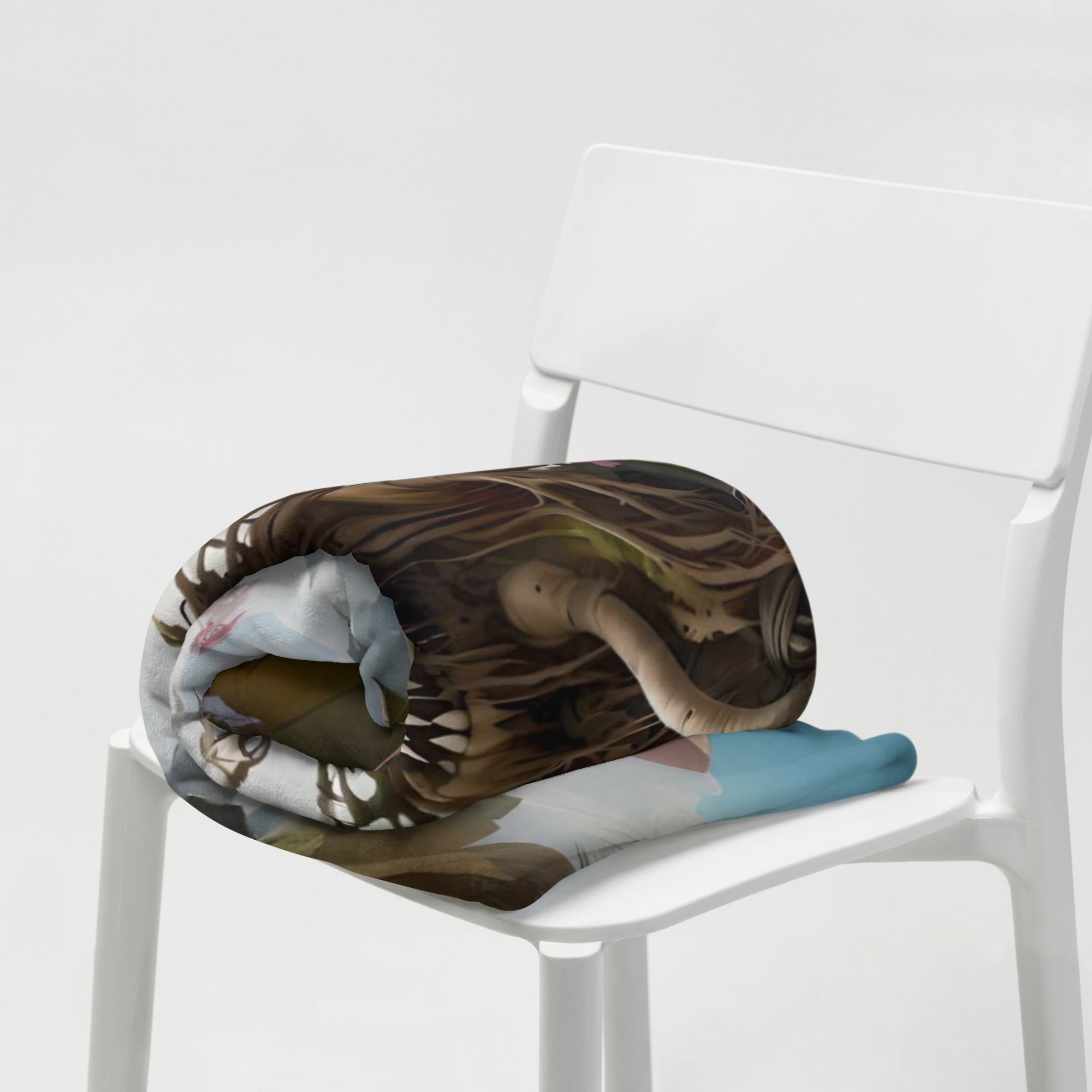 Soft polyester throw blanket featuring vibrant alien art design by Artificial Artist, available in various sizes.