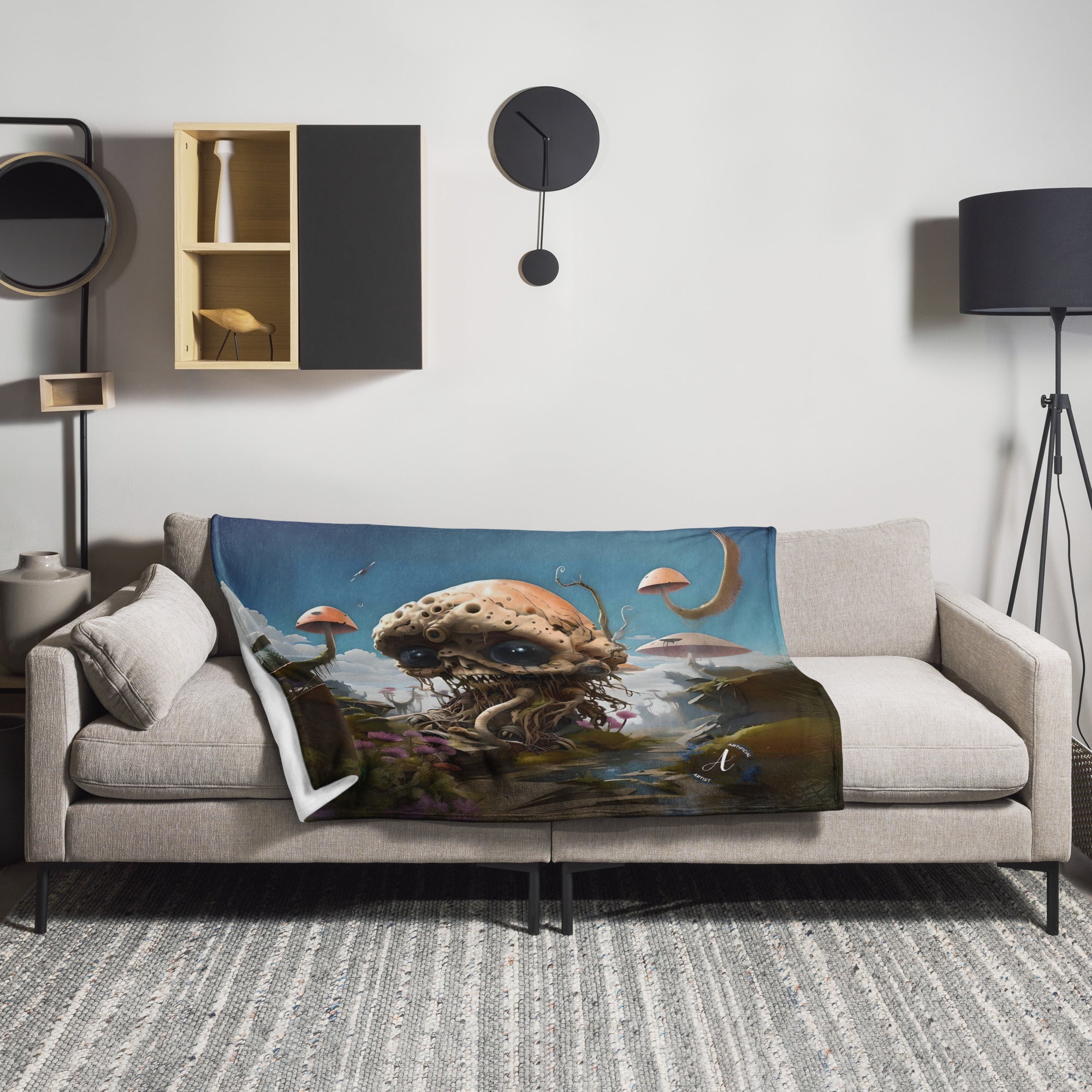 Soft polyester throw blanket with alien-themed digital print, available in multiple sizes by Artificial Artist