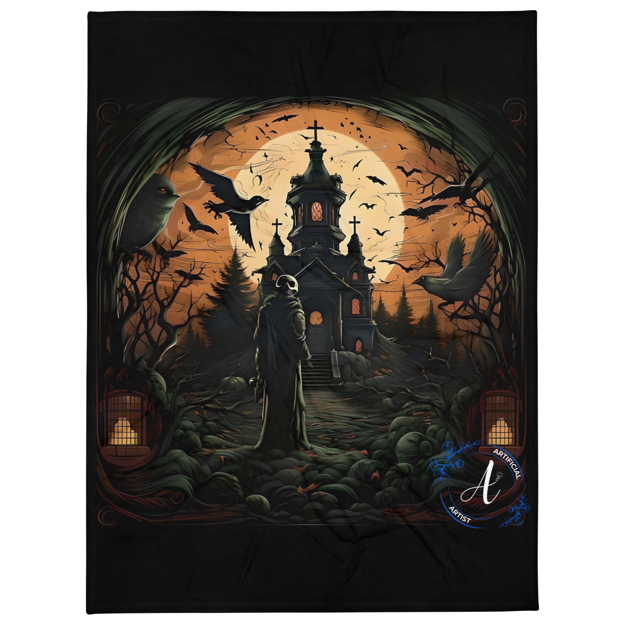 Haunted house throw blanket in black polyester with gothic design by Artificial Artist, size options 50″×60″ and 60″×80″
