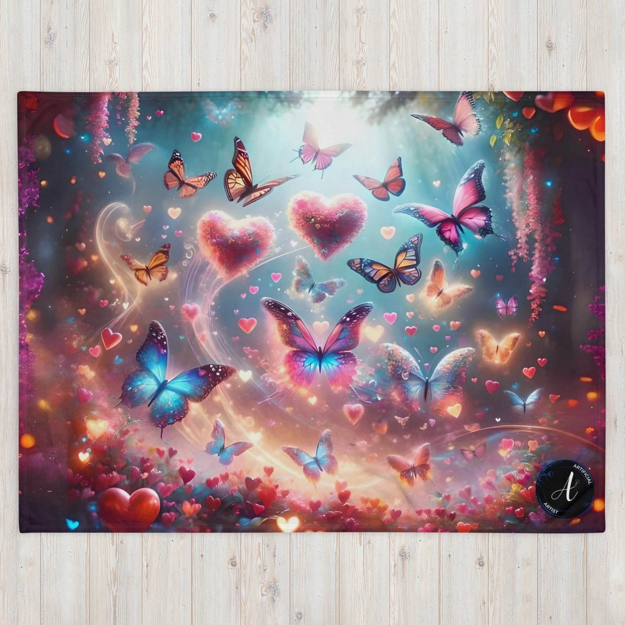 Vibrant butterfly print silk touch throw blanket by Artificial Artist in colorful design, available in two sizes.