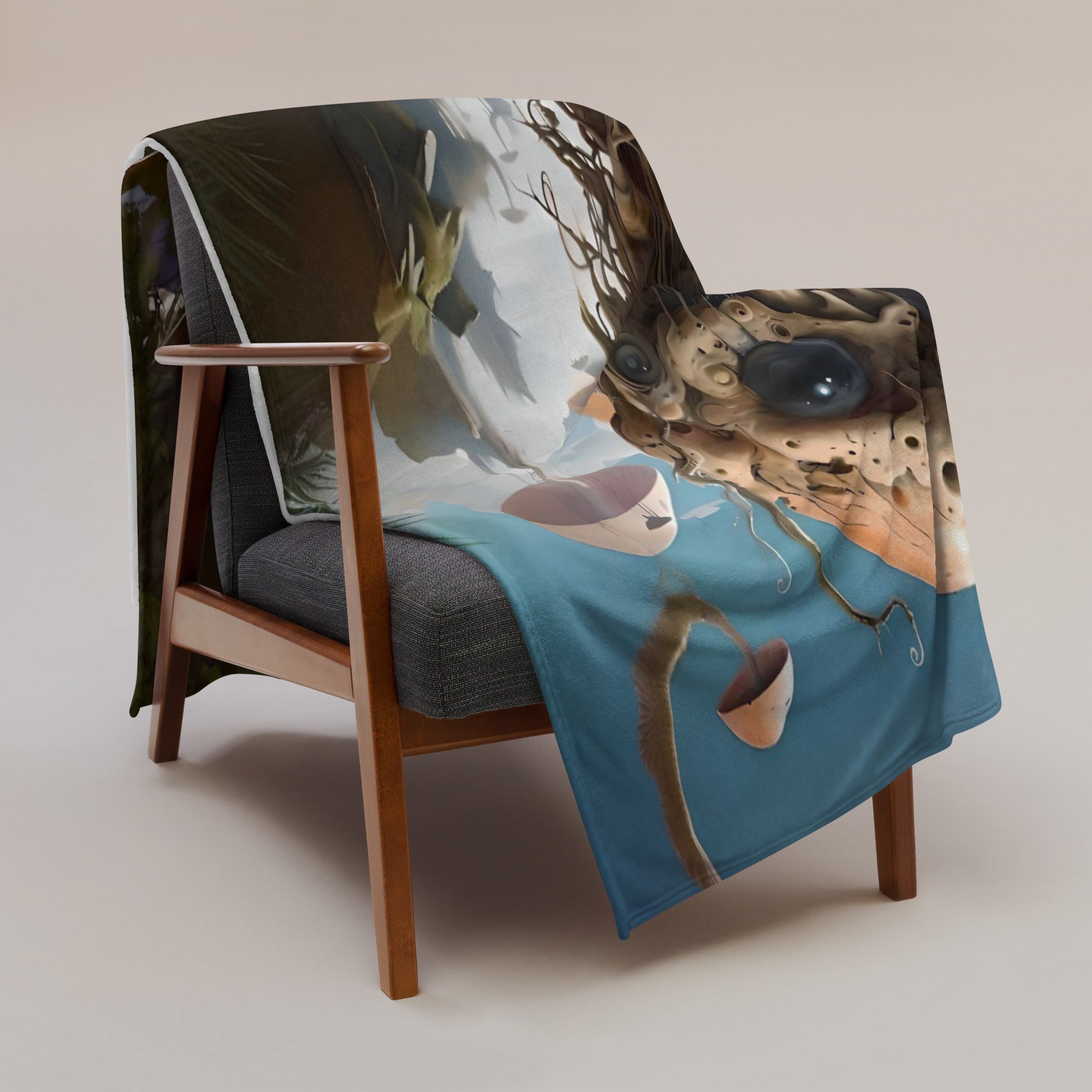 Alien-themed throw blanket by Artificial Artist, soft polyester with vibrant digital print, available in multiple sizes