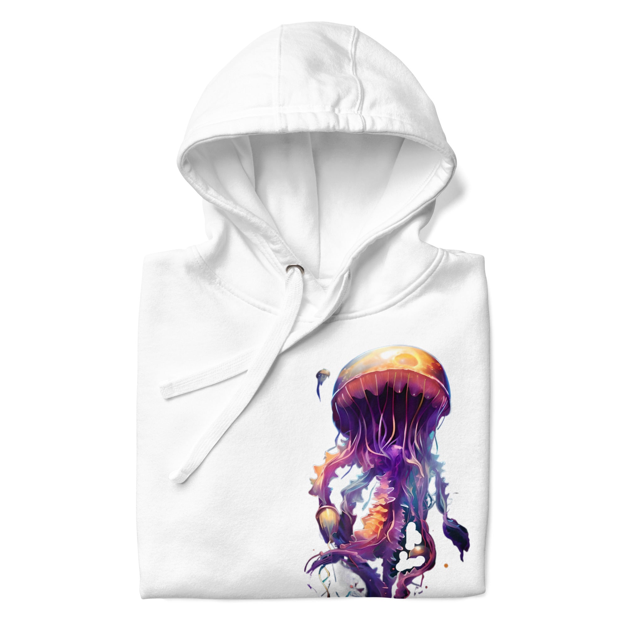 White cotton-blend hoodie with drawstring and colorful jellyfish graphic, by Artificial Artist.