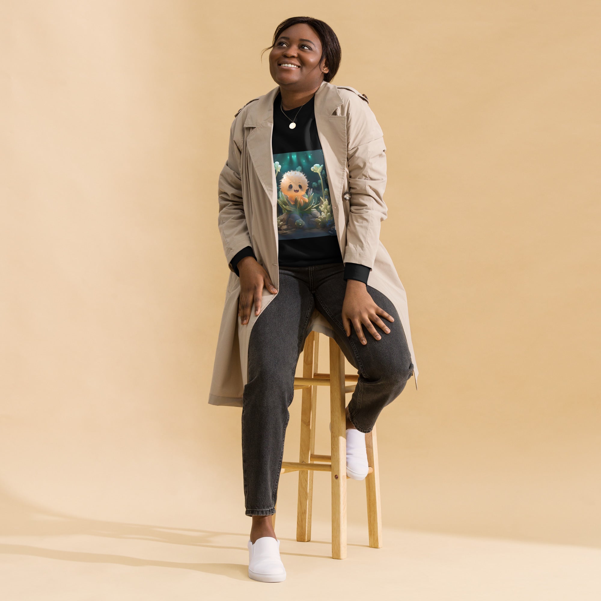 Black cotton sweatshirt with cactus art design by Artificial Artist