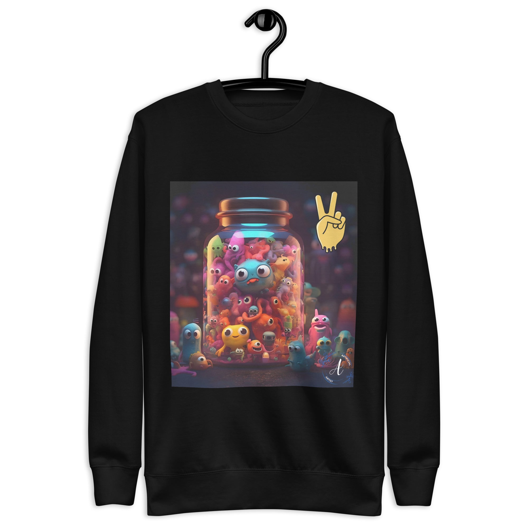Black cotton fleece sweatshirt with alien art design, by Artificial Artist, showcasing a comfortable fit.