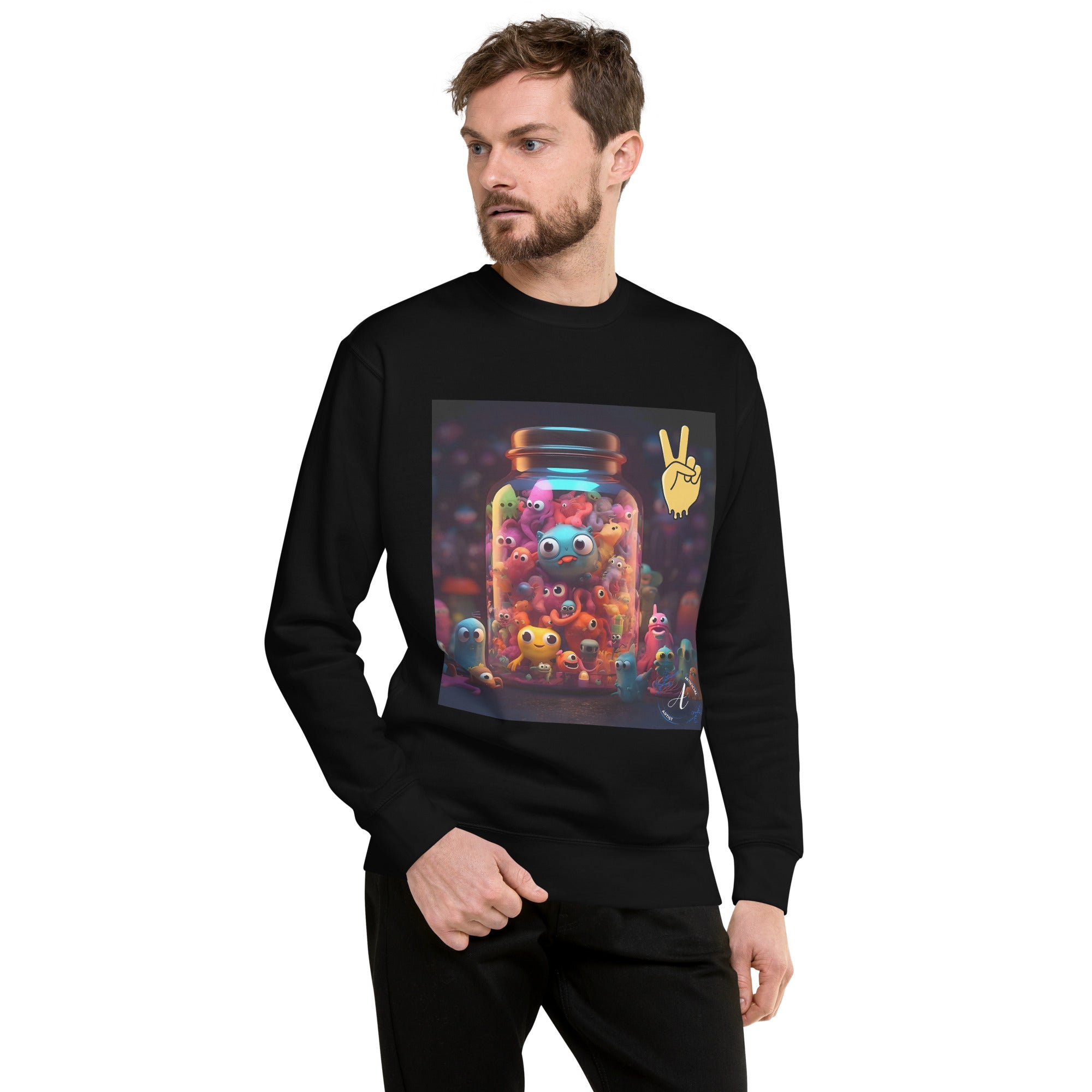 Black cotton fleece sweatshirt with premium alien art design by Artificial Artist