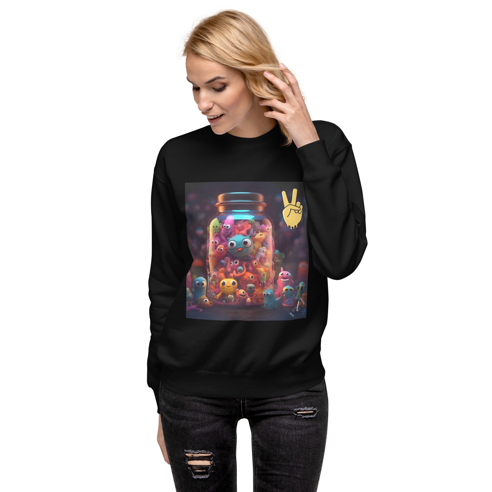 Black cotton fleece sweatshirt with premium art design by Artificial Artist featuring an alien model.