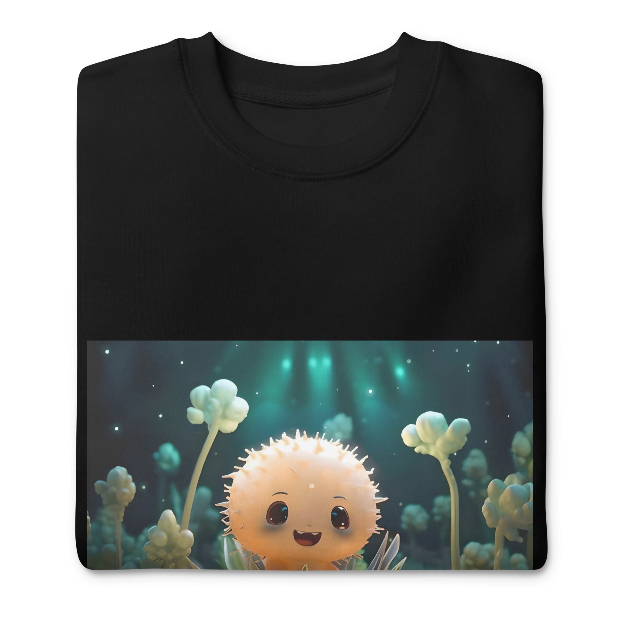 Black cotton sweatshirt featuring premium cactus art design by Artificial Artist, available in multiple sizes.