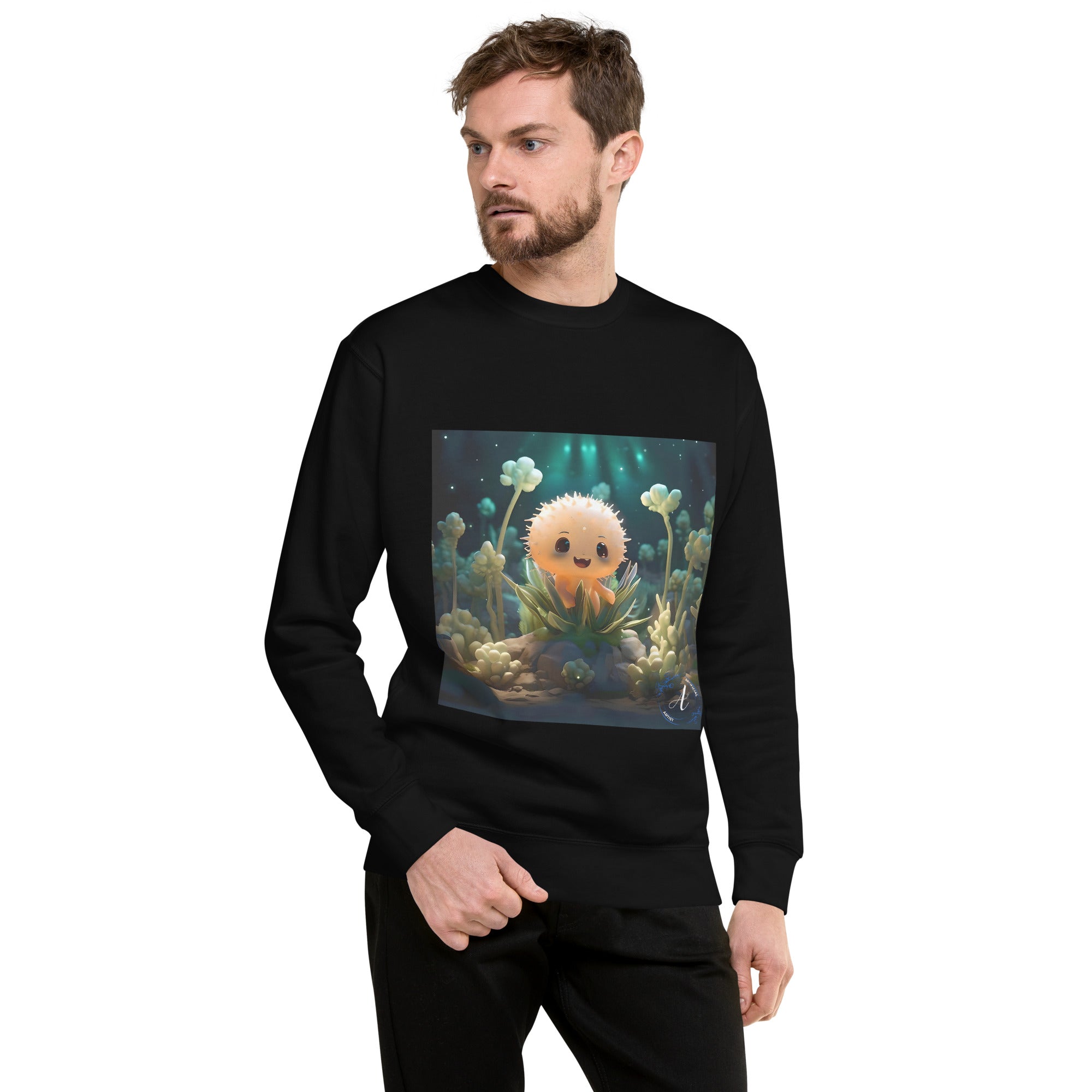 Black cotton sweatshirt featuring premium cactus art design by Artificial Artist, available in sizes S, M, L.