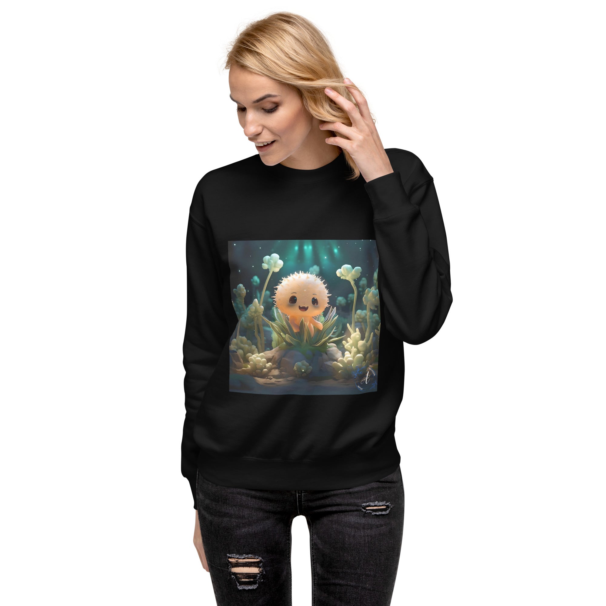 Black cotton sweatshirt featuring a starry cactus design by Artificial Artist, available in sizes S, M, and L