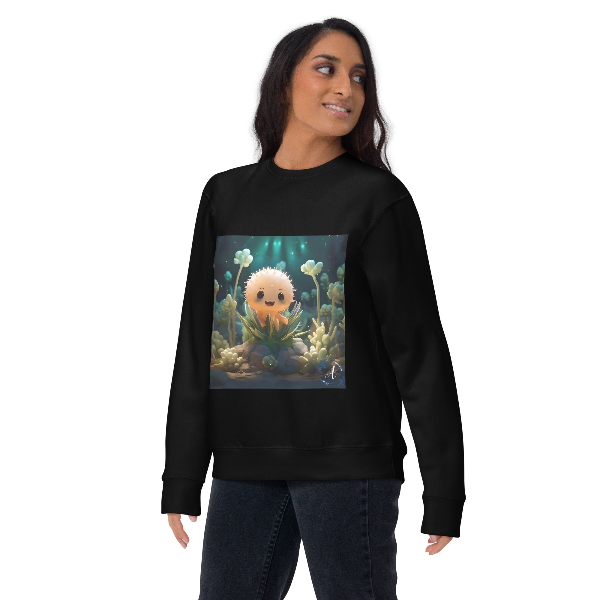 Black cotton sweatshirt featuring a starry cactus art design by Artificial Artist