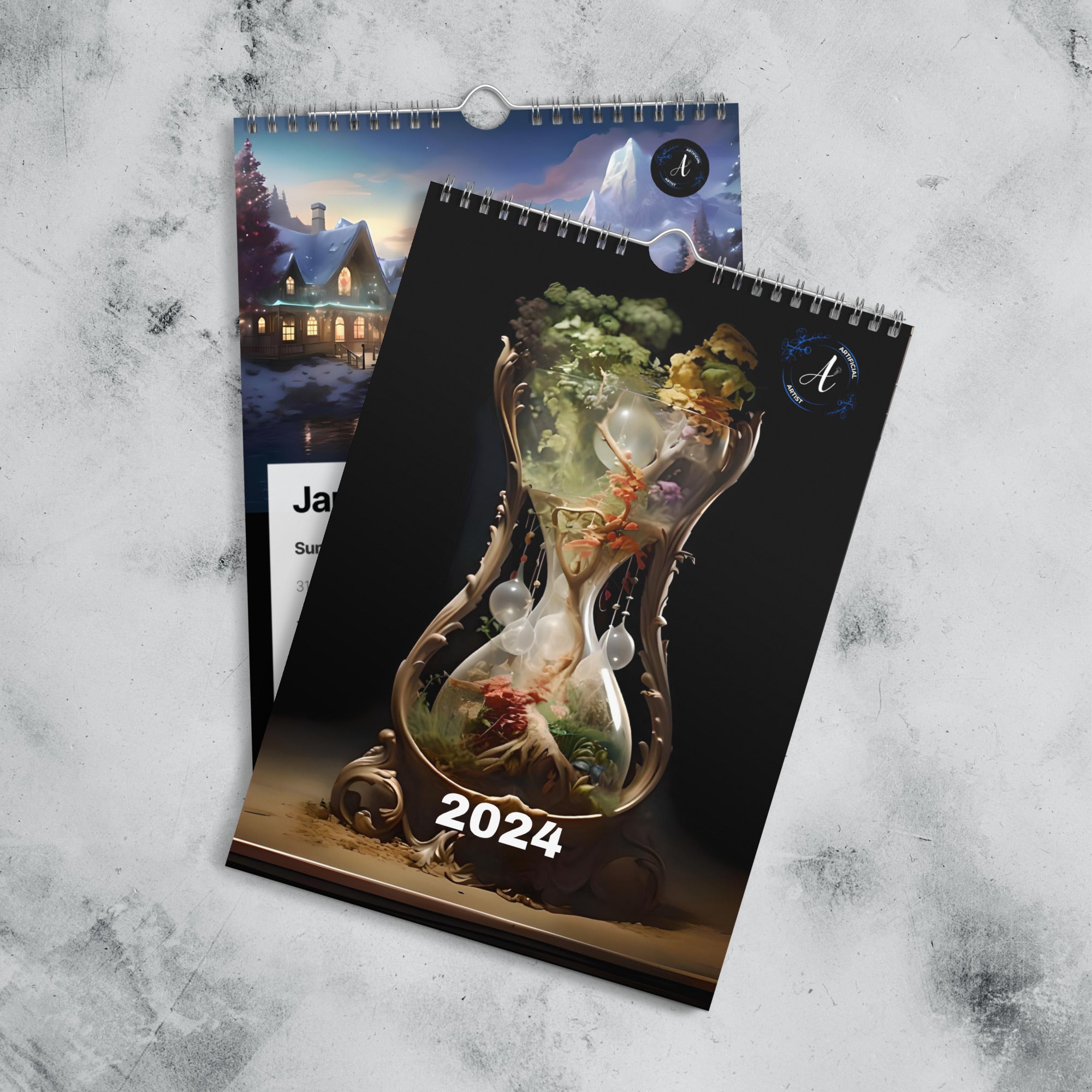 2024 artistic wall calendar featuring premium paper and silver wire binding, designed by Artificial Artist.