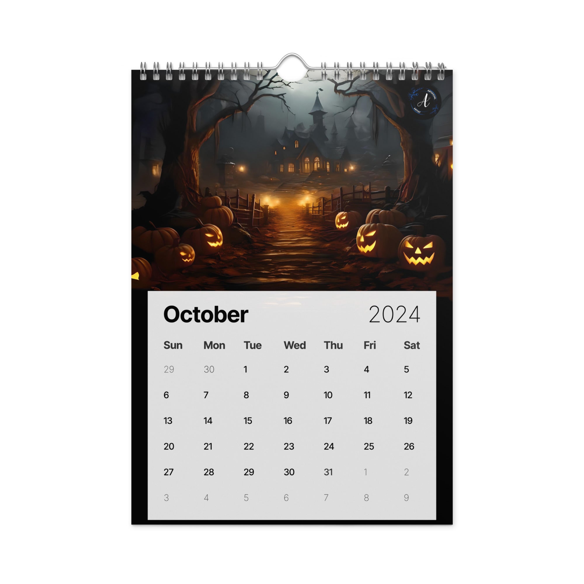 Artistic 2024 wall calendar featuring premium paper and silver wire binding, designed by Artificial Artist
