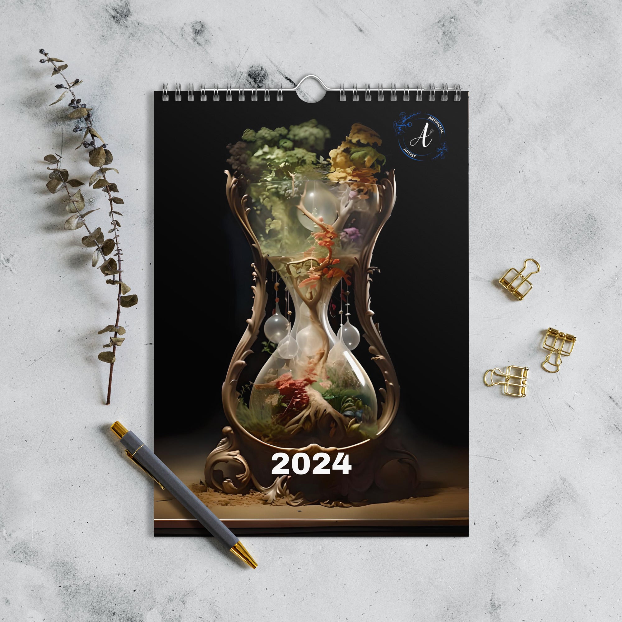 2024 artistic wall calendar with premium paper and silver wire binding by Artificial Artist