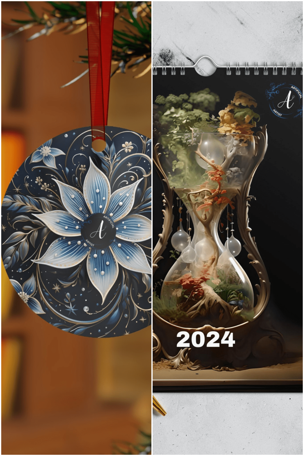 Winter snowflake metal ornament and 2024 artistic calendar bundle by Artificial Artist