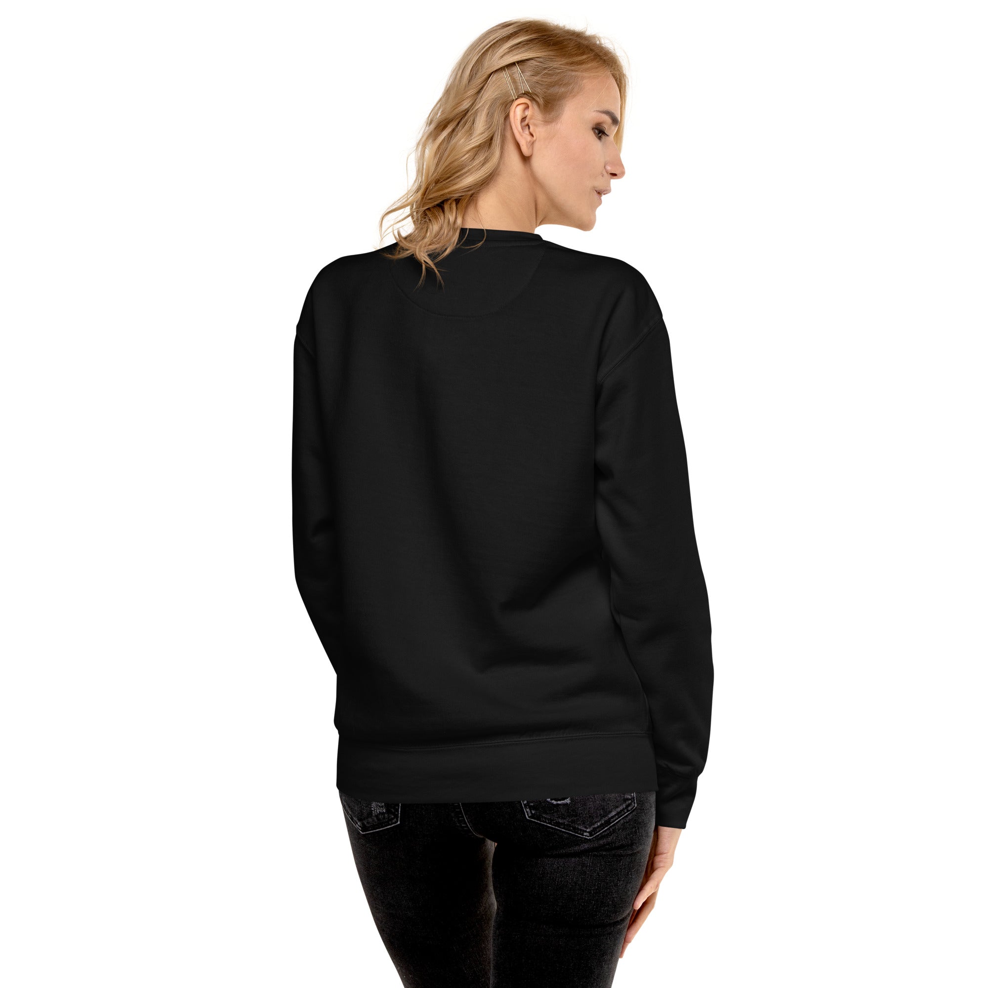 Black cotton sweatshirt featuring an alien model art design by Artificial Artist, available in sizes S, M, and L.