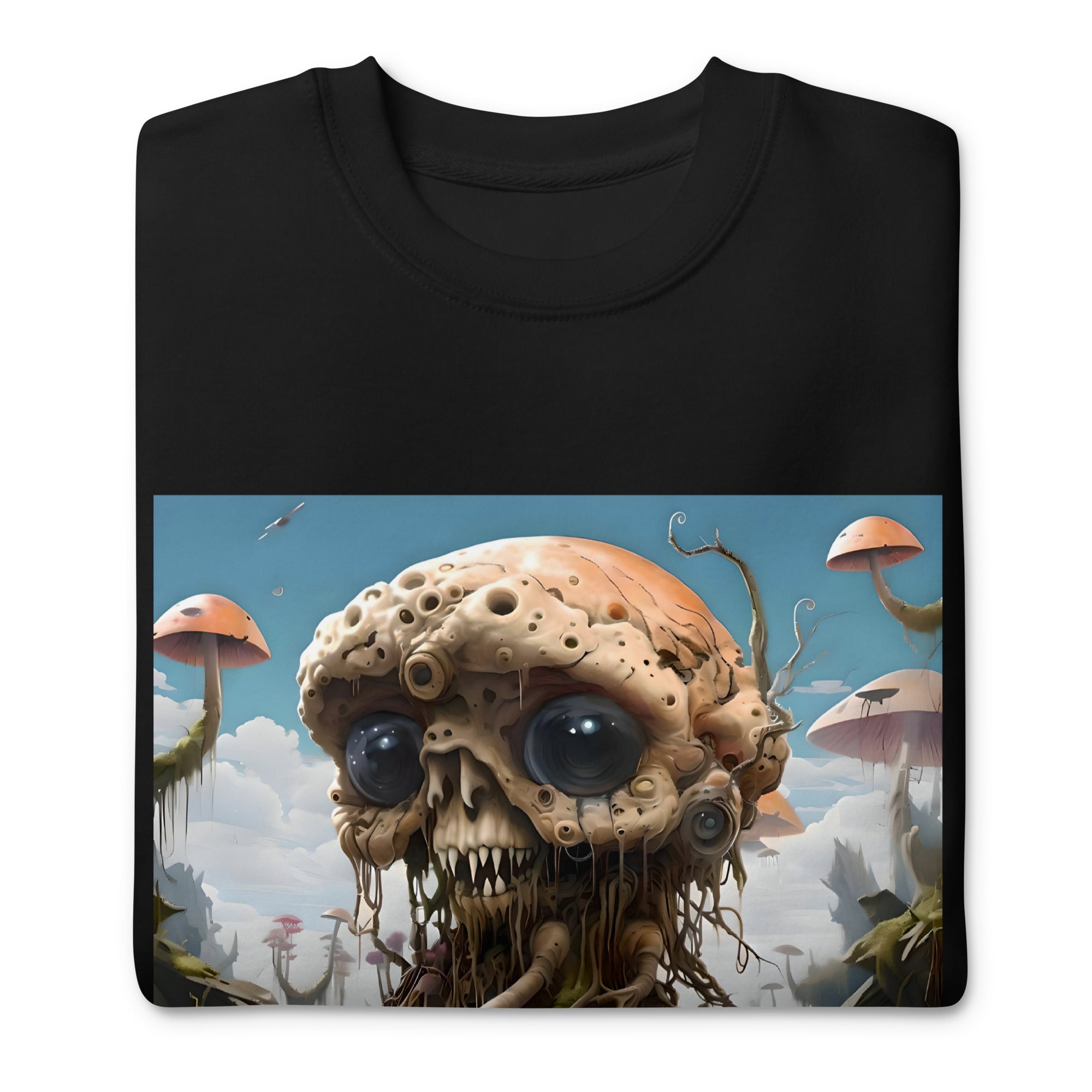 Black cotton sweatshirt featuring premium alien model art design by Artificial Artist