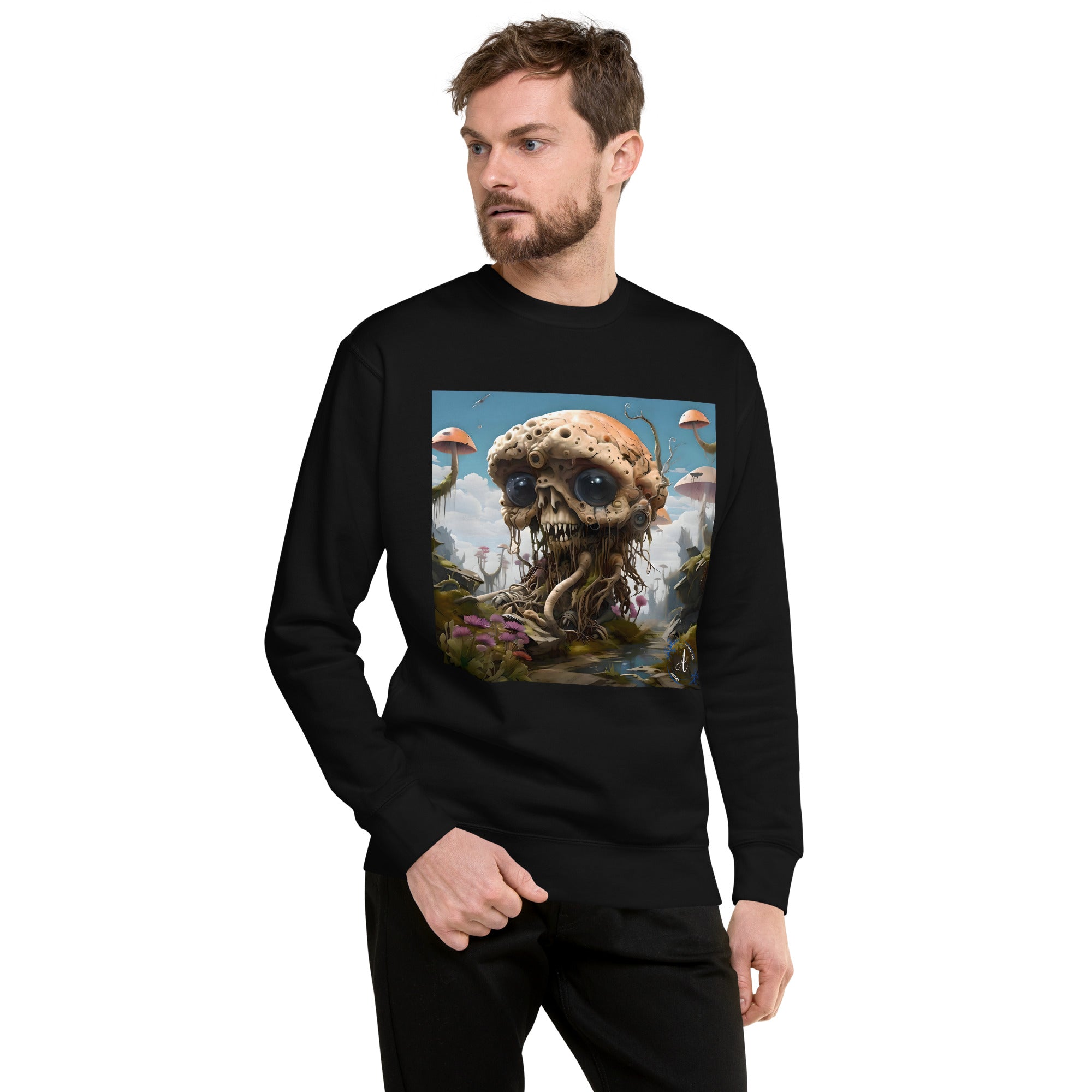 Black cotton sweatshirt featuring premium alien art design by Artificial Artist, available in sizes S, M, L.