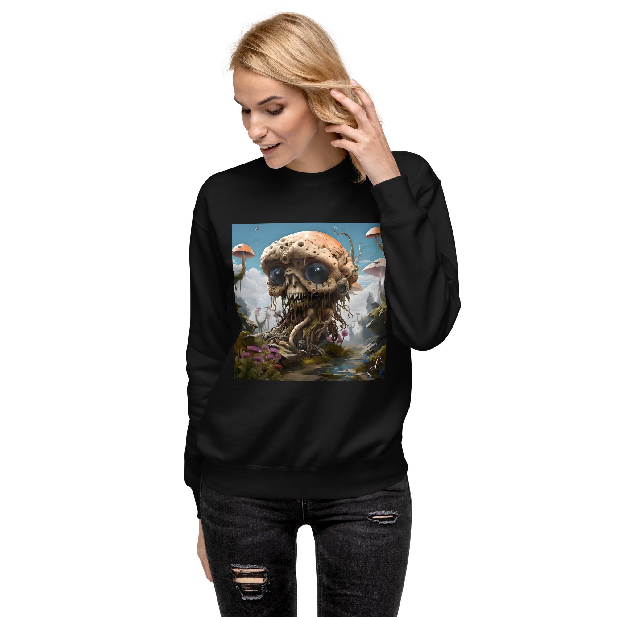 Black cotton sweatshirt featuring a premium alien art design by Artificial Artist