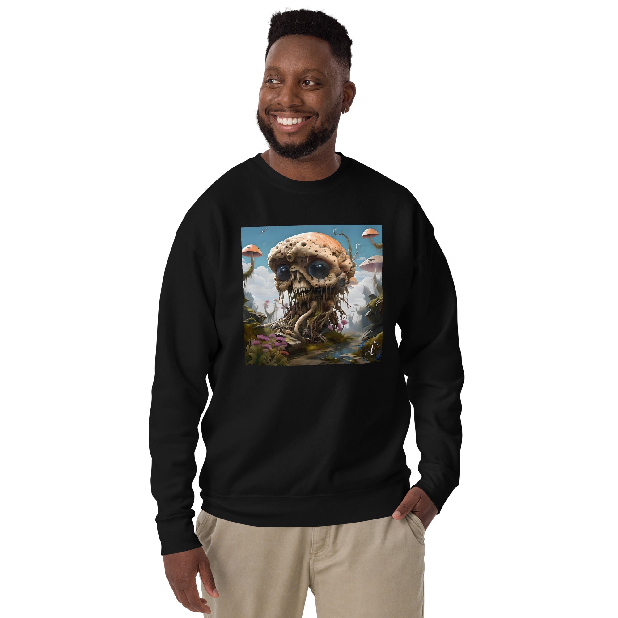 Black cotton sweatshirt featuring premium alien model art design by Artificial Artist, available in sizes S, M, L.